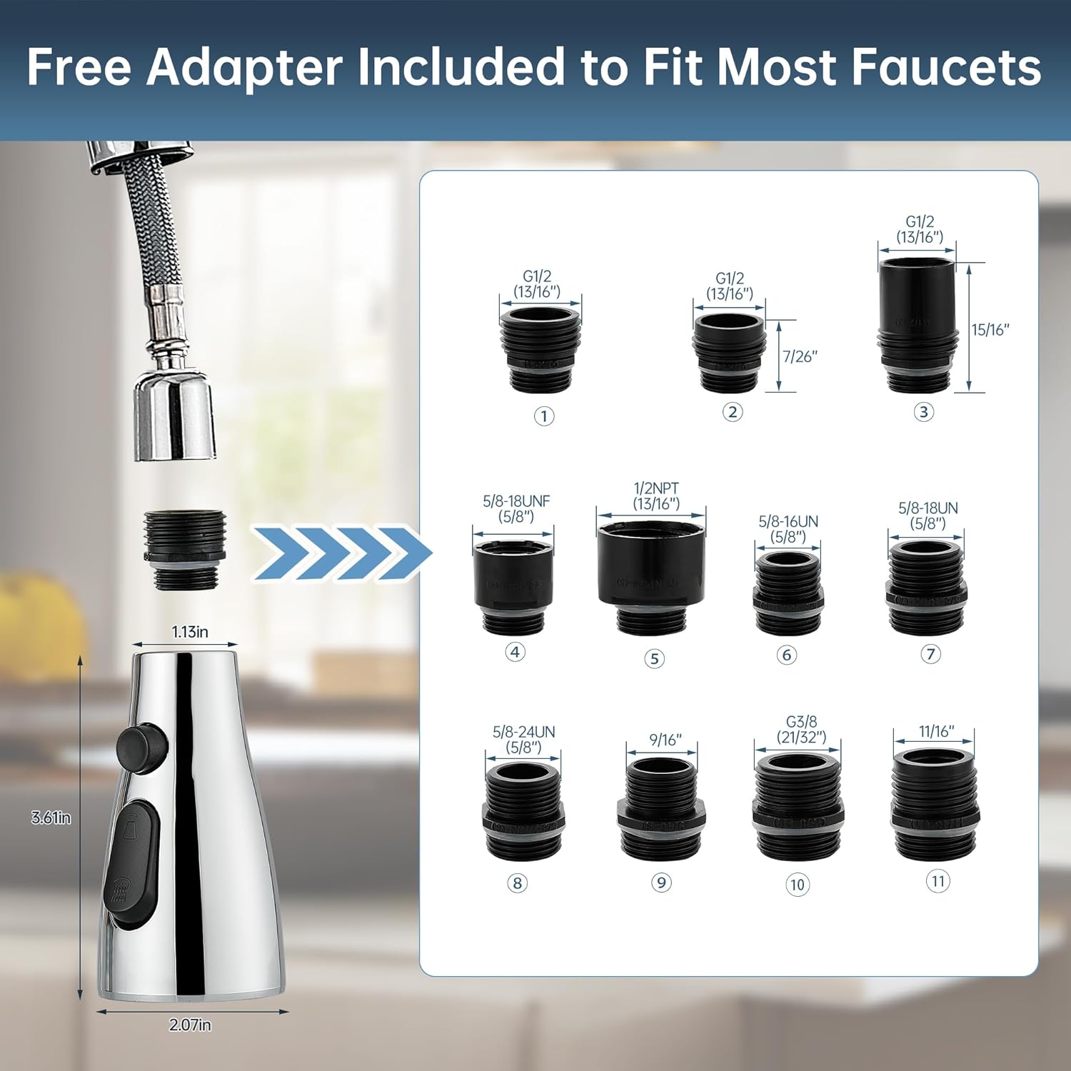 Kitchen Faucet Head Replacement,3 Modes Pull Down Spray Head With 11 Adapters，Kitchen Sink Spray Nozzle Compatible With Moen, American Standard, Delta, Kohler Faucets, Chrome，Rust Proof