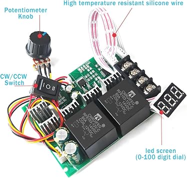 PWM DC Motor Speed Controller,12V/24V/36V/48V/40A LED Display Stepless Speed Controller with Forward-Brake-Reverse Switch & Adjustable Potentiometer for Brushed Motors