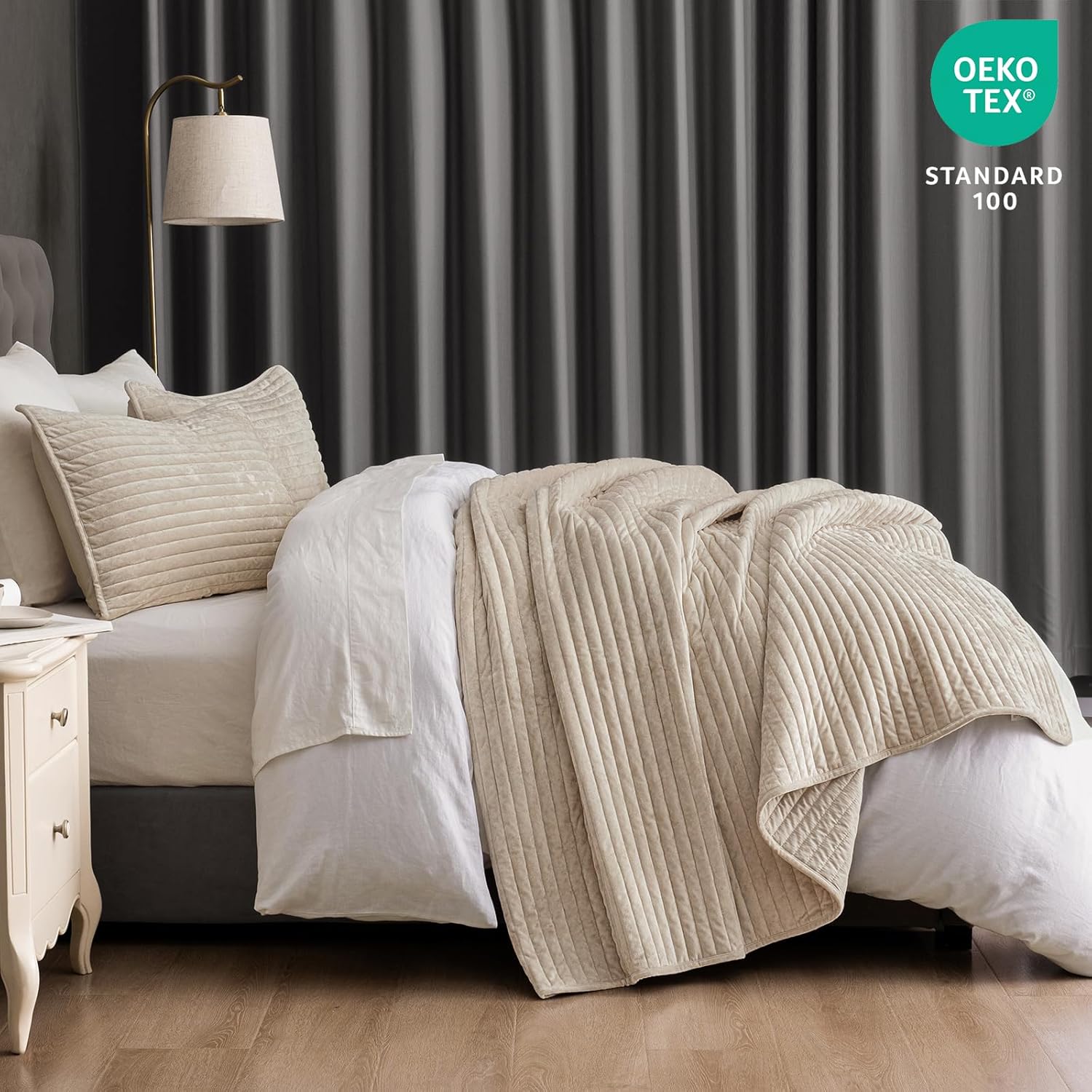 PHF Luxury Velvet Quilt Set Queen Size – 3PCS Ultra Soft Quilted Comforter Alternative with Striped Channel, Cozy Quilted Bedspread, 1 Coverlet with 2 Matching Shams, 90" x 92", Oxford Tan - Image 3