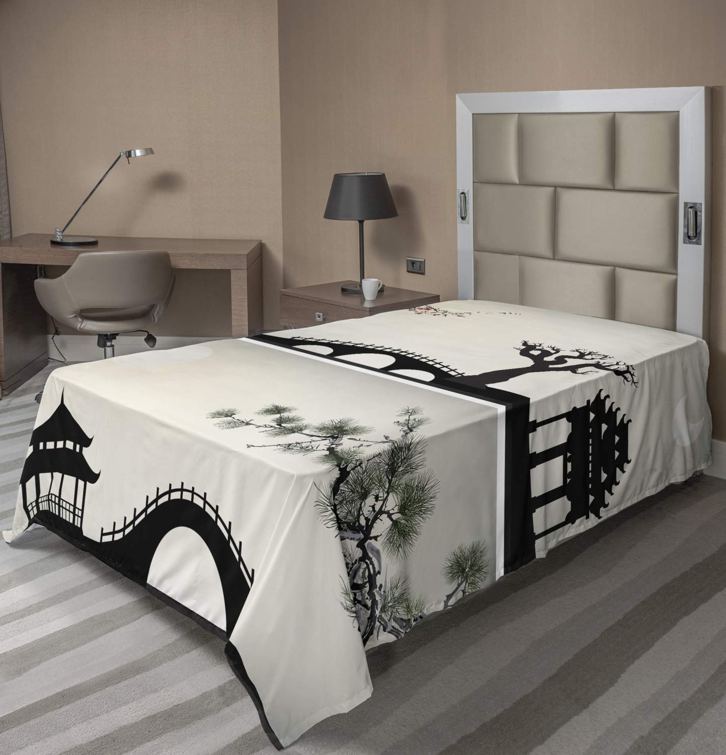 Lunarable Japanese Flat Sheet, Tranquil Scene Night Buildings and Trees, Soft Comfortable Top Sheet Decorative Bedding 1 Piece, TwinXL Size, Grey Coconut