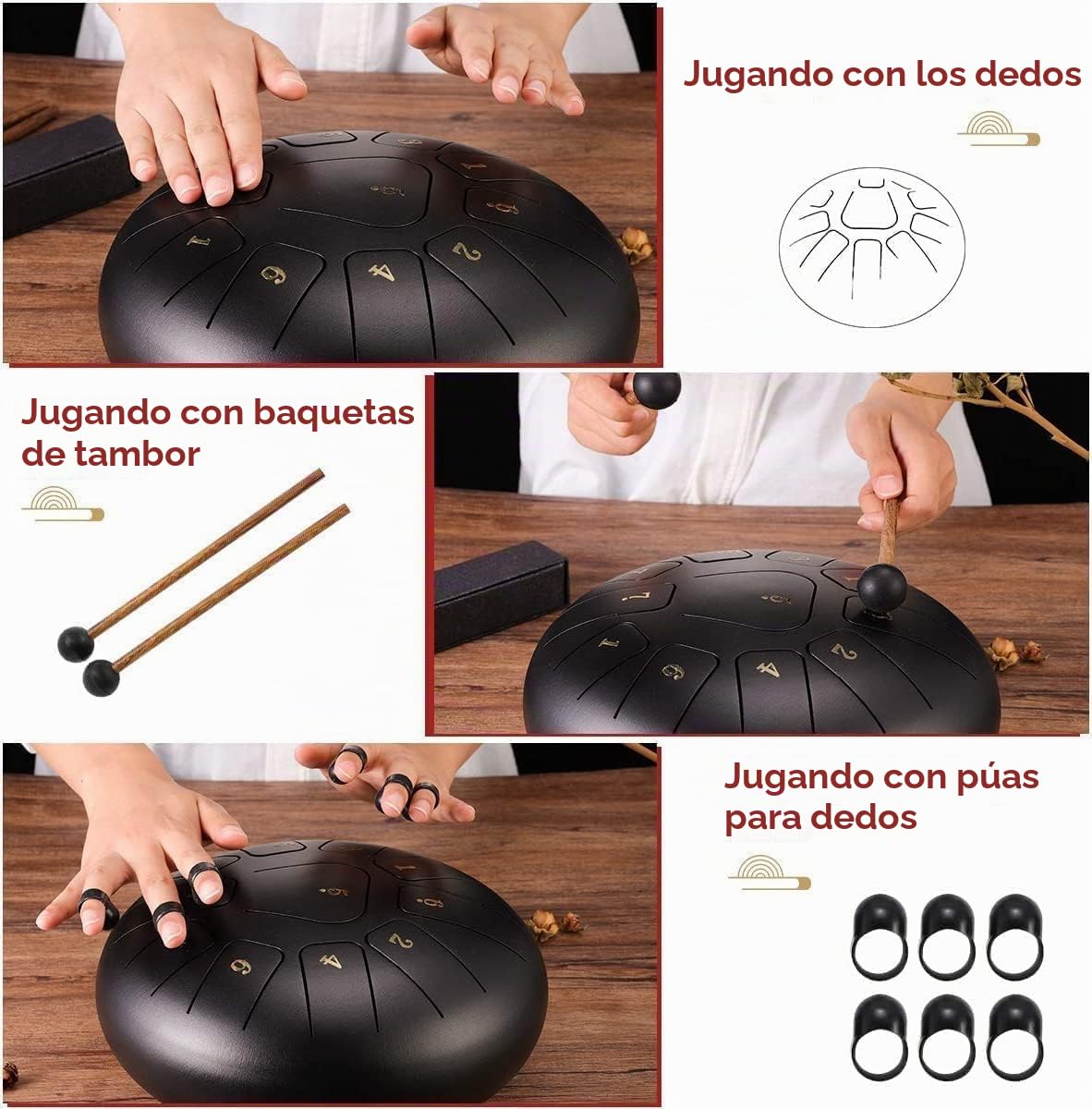 Tambor de Lengüeta de Acero 10 pulgadas 11 tonos Tambores de Hendidura con mazo de goma/yemas de los dedos/bolsa de viaje acolchada para Yoga,Meditación