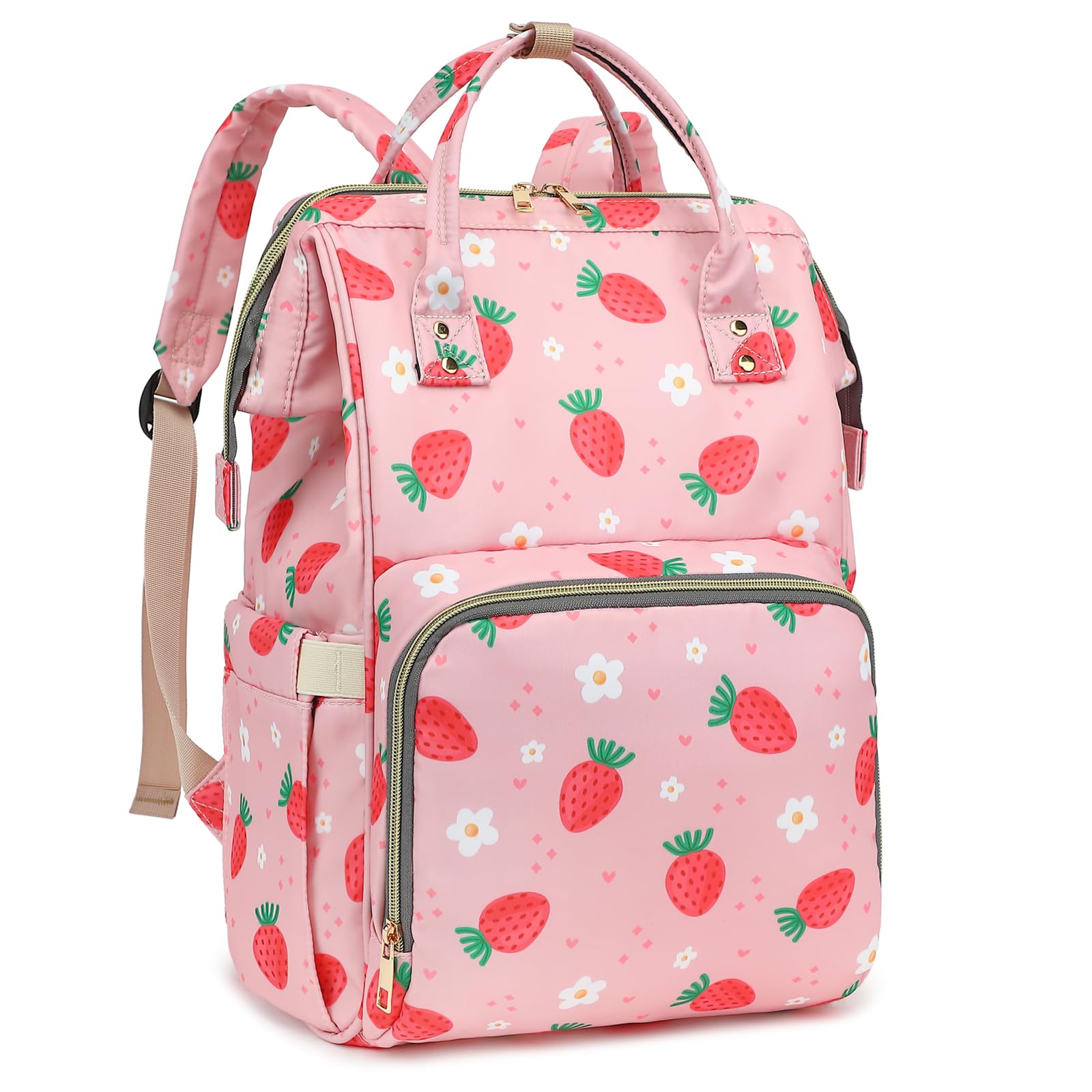 Xunteny Strawberry Baby Diaper Bag Backpack for Girls Boys, Waterproof Large Maternity Nappy Bags for Mom