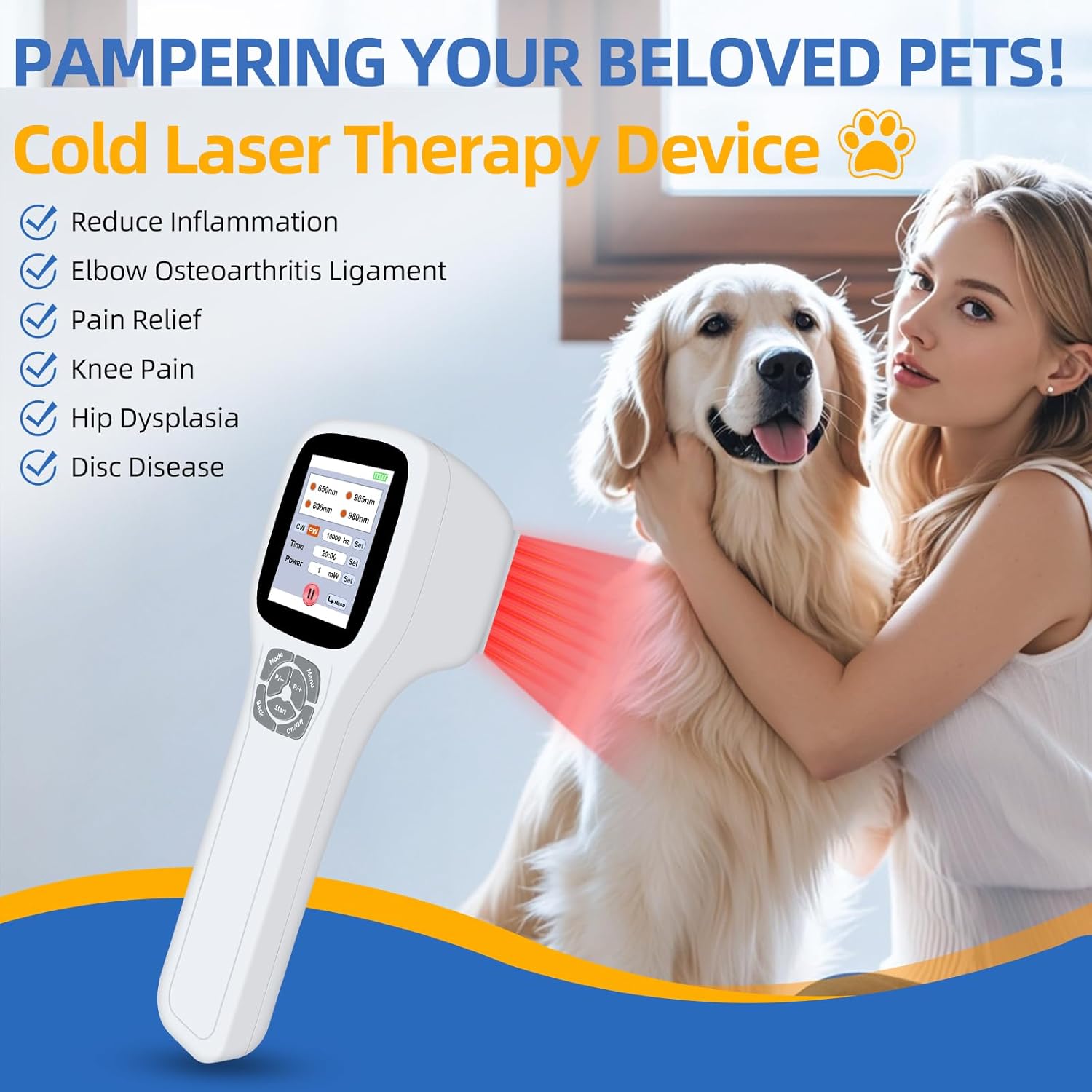 Laser Therapy Device for Pain Relief, 980nm+905nm+808nm+650nm, Hand Held Red Light Therapy Device, Cold Laser Therapy Device for Dogs Horses Cats Accelerate Healing, Pet Laser Therapy, Equine