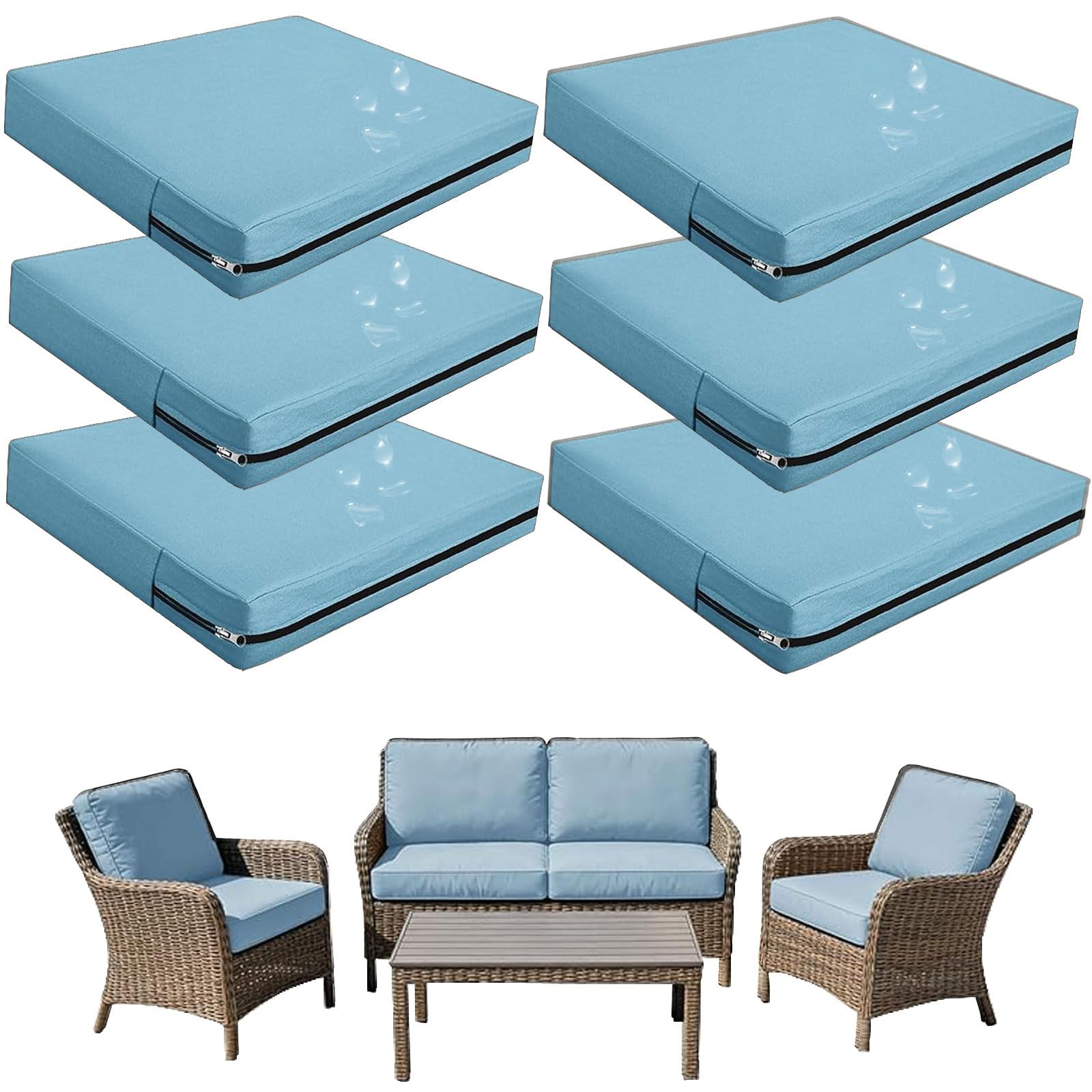Replacement Outdoor Cushion Covers Waterproof, 65x65 60x60 50x50cm set of 6/4/2/1 Garden Sofa Seat Cushion Slipcover With Zipper for Chairs, Patio and Rattan furniture(Color10,60x60x10cm (6pcs))