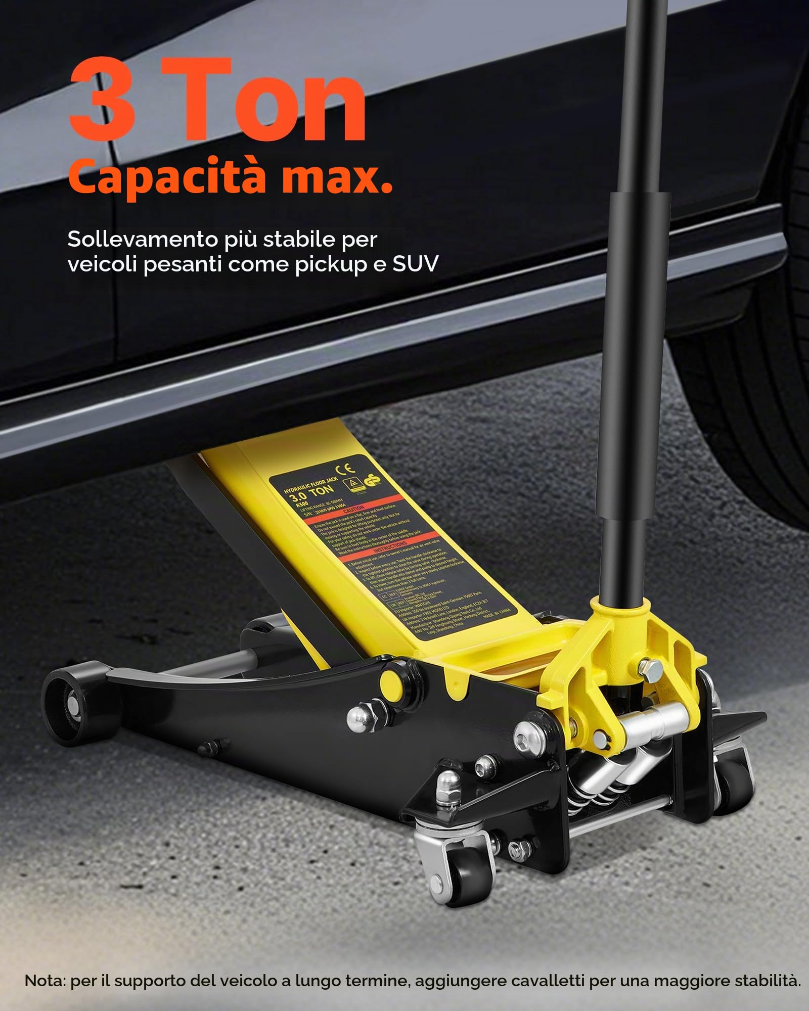 VEVOR Martinetto da Pavimento a Basso Profilo 3 Tonnellate Martinetto da Pavimento da Corsa in Acciaio per Carichi Pesanti con Pompa a Sollevamento a Doppio Pistone, Campo di Sollevamento 75-495 mm