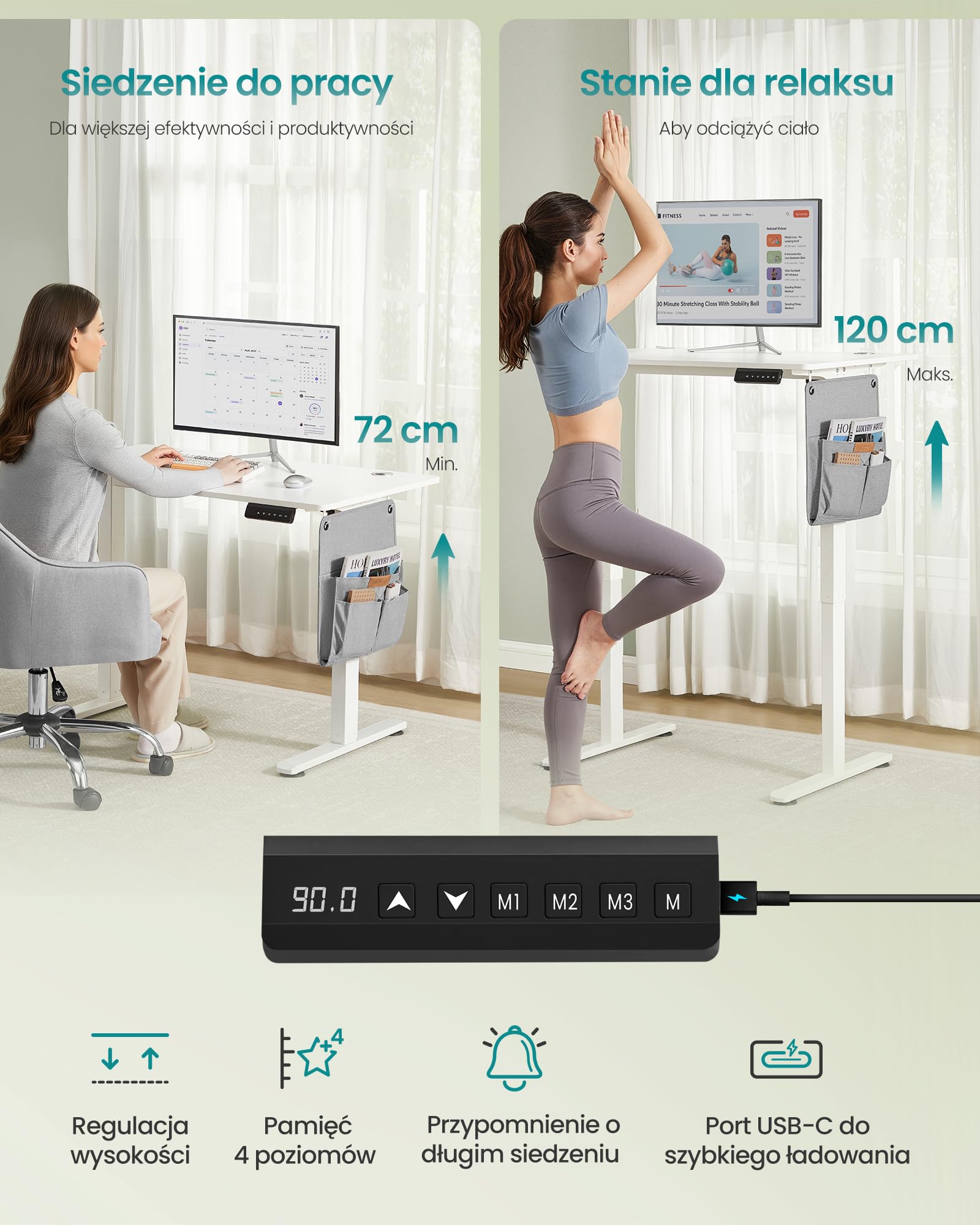 SONGMICS Elektryczne biurko z regulacją wysokości, 100 x 60 cm, funkcja pamięci z 4 wysokościami, port USB-C, chmurkowa biel LSD130WZ01