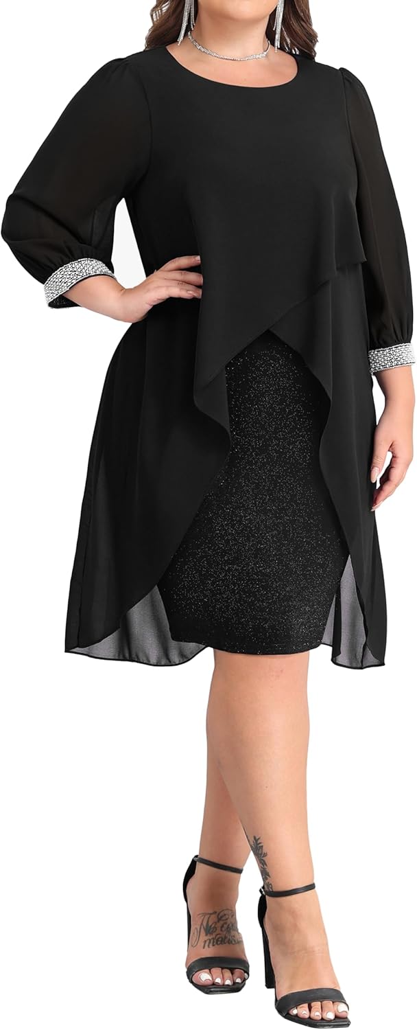 Plus Size Cocktail Dress - Elegant Chiffon Cape 3/4 Sleeves Glitter Evening Party Wedding Guest Dresses Women Formal - Image 2