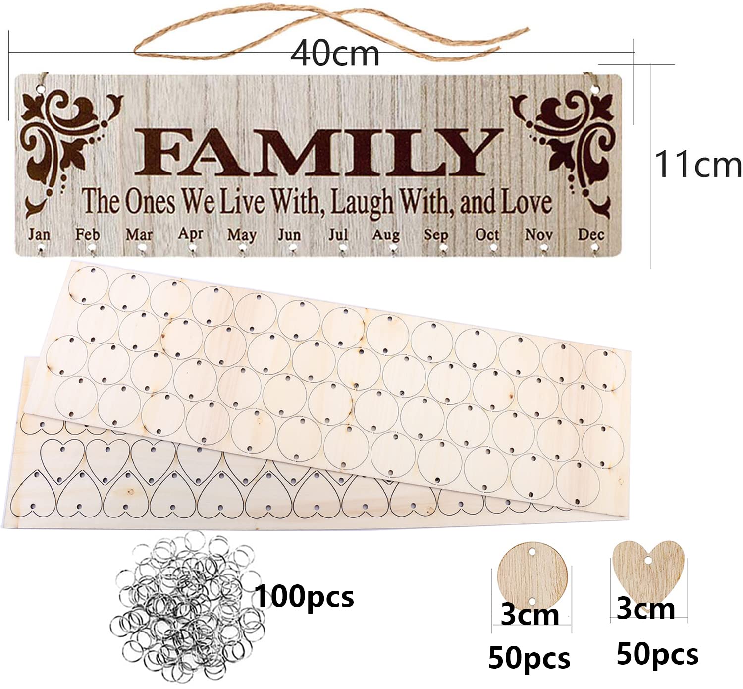 YIEUR FamilyFriend Calendrier en bois de 40 cm avec 100 petits disques en bois, calendrier mural indépendant de l'année, cadeau souvenir pour linge de maison, fête d'anniversaire, plaque de souvenir
