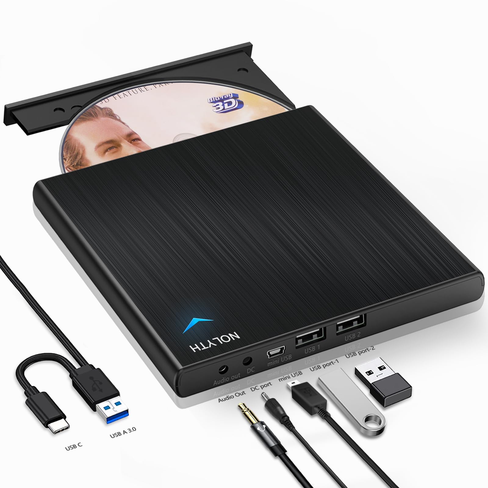 Bluray Laufwerk Extern, Externes Blu Ray Laufwerk Bluray Brenner Extern mit 1 Audio 2 USB Slots, USB C Externe Blu-ray Laufwerke Bluray Player für Laptop Mac PC Windows MacBook