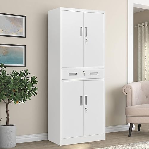 Miniatura 1 de CJF Armario de almacenamiento de metal con estantes y cajones ajustables, armario de almacenamiento de despensa con bloqueo para oficina, garaje,