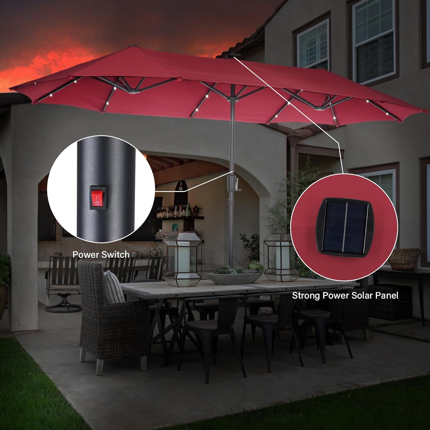 13ft/15ft Large Patio Umbrella with Base Included, Double-Sided Rectangle Outdoor Market Umbrella with Stand, Shade Umbrella for Garden Deck Backyard Poolside Lawn