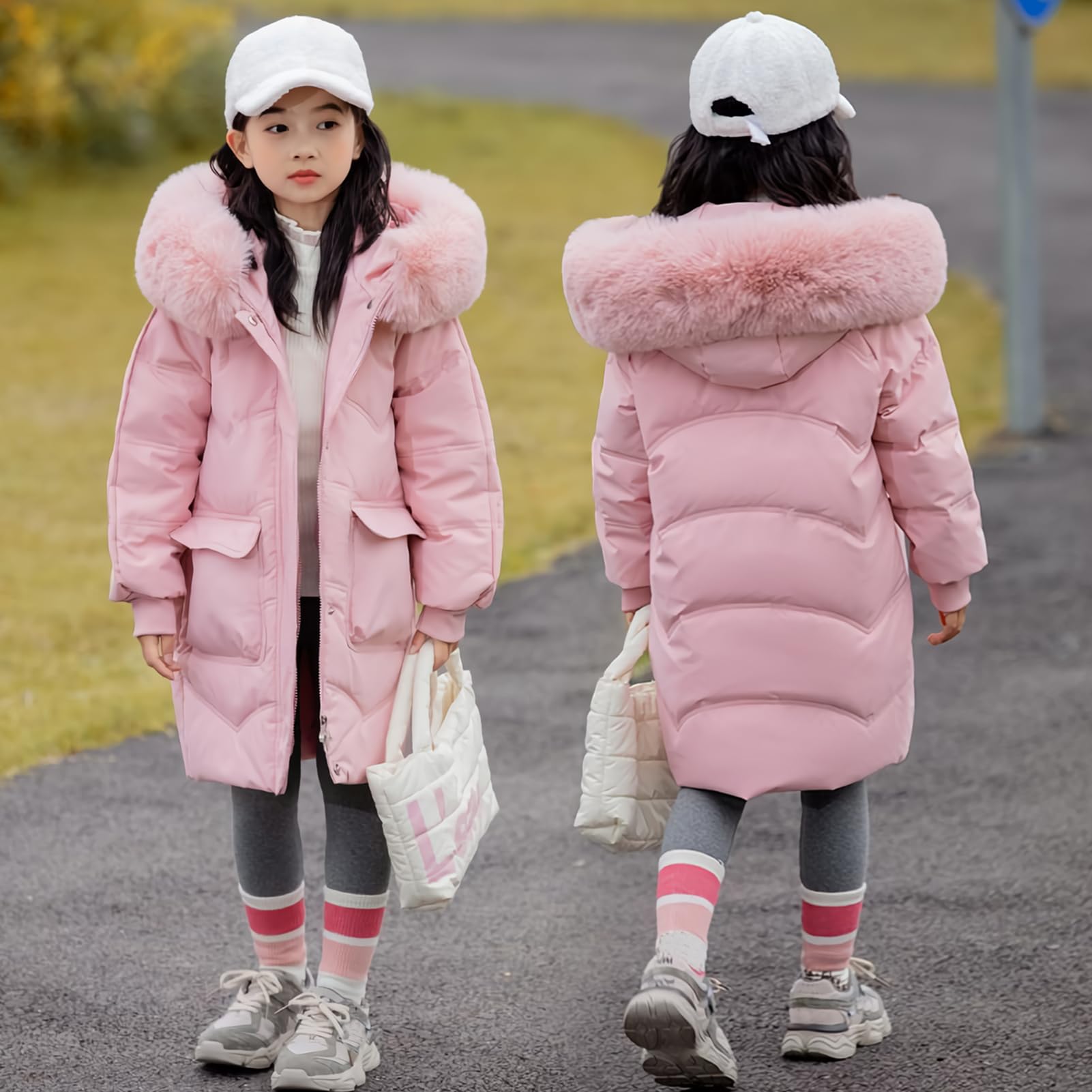 Piumino da bambina con cappuccio spesso e allungato Cappotto Antivento Giacca Calda Giacca Outdoor Abbigliamento per Inverno