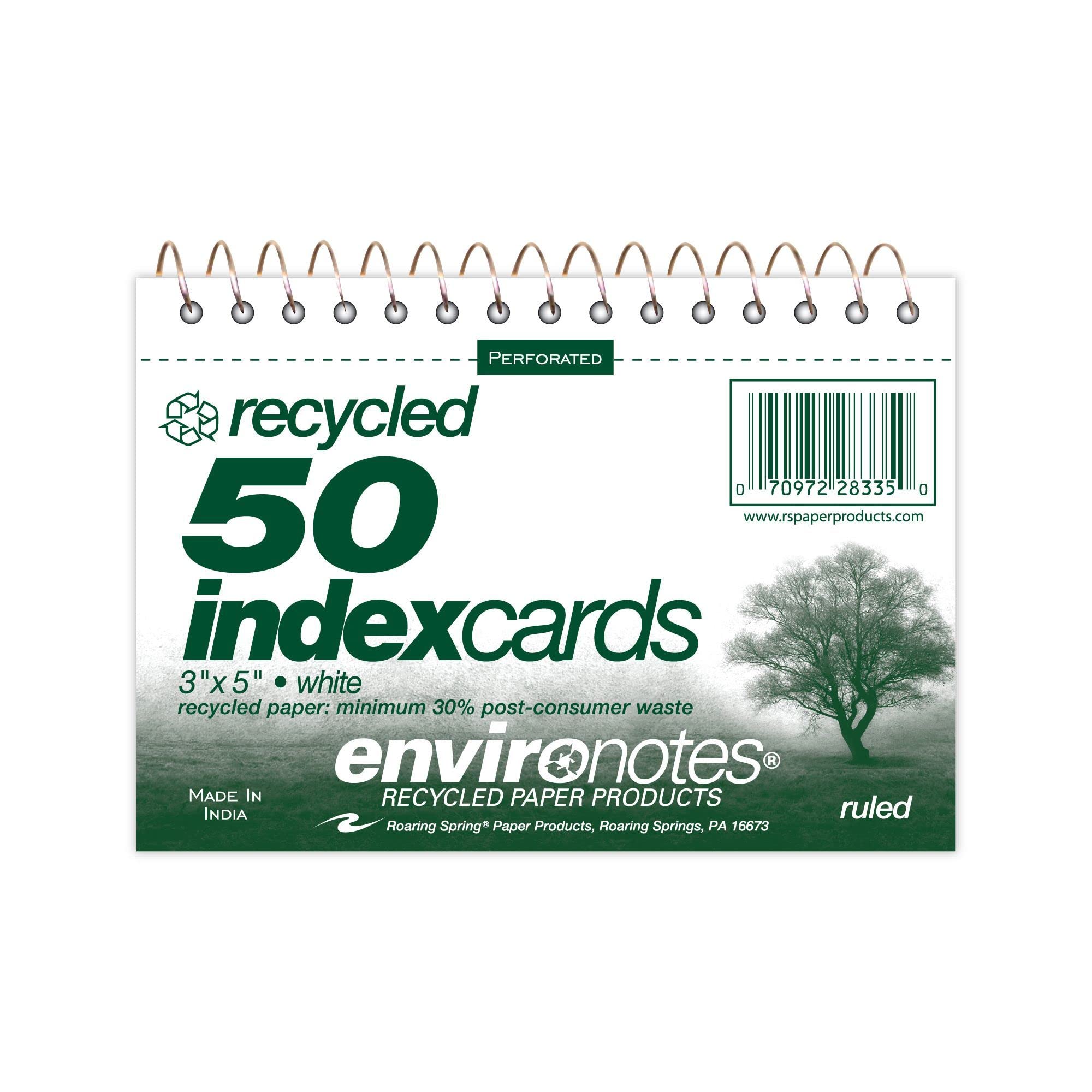 Roaring Spring Wirebound Spiral Bound Recycled Index Cards 3"x5", 50 Count, 100# White Paper, Narrow Ruled, Perforated, Blank on Back, Snag-proof (Pack of 1)