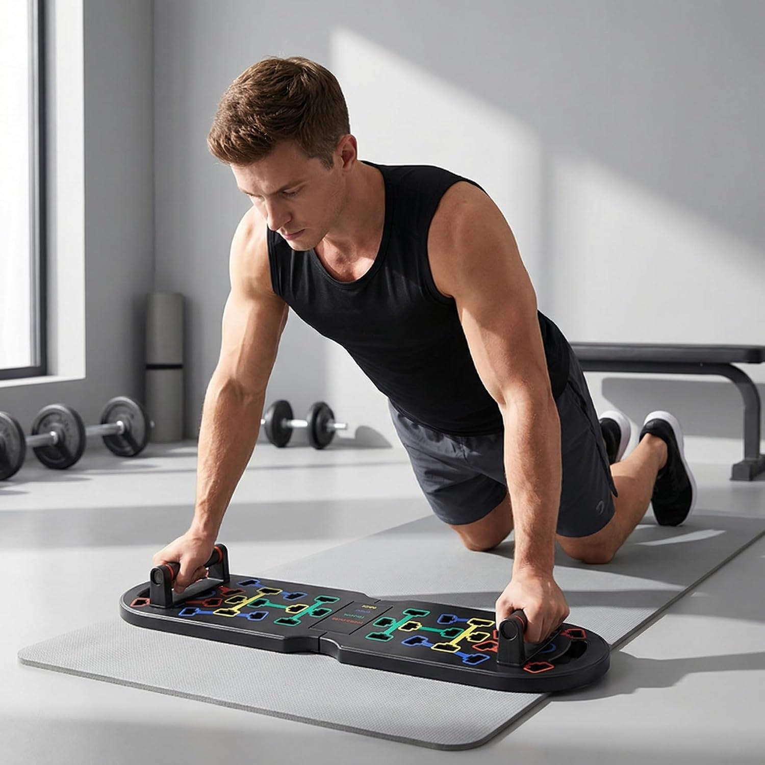 Portable Push Up Board with Resistance Bands & Pilates Bar, Foldable Home Gym Equipment, Color-Coded Push Up System for Full Body Strength Training, Chest, Arms, Core Workout