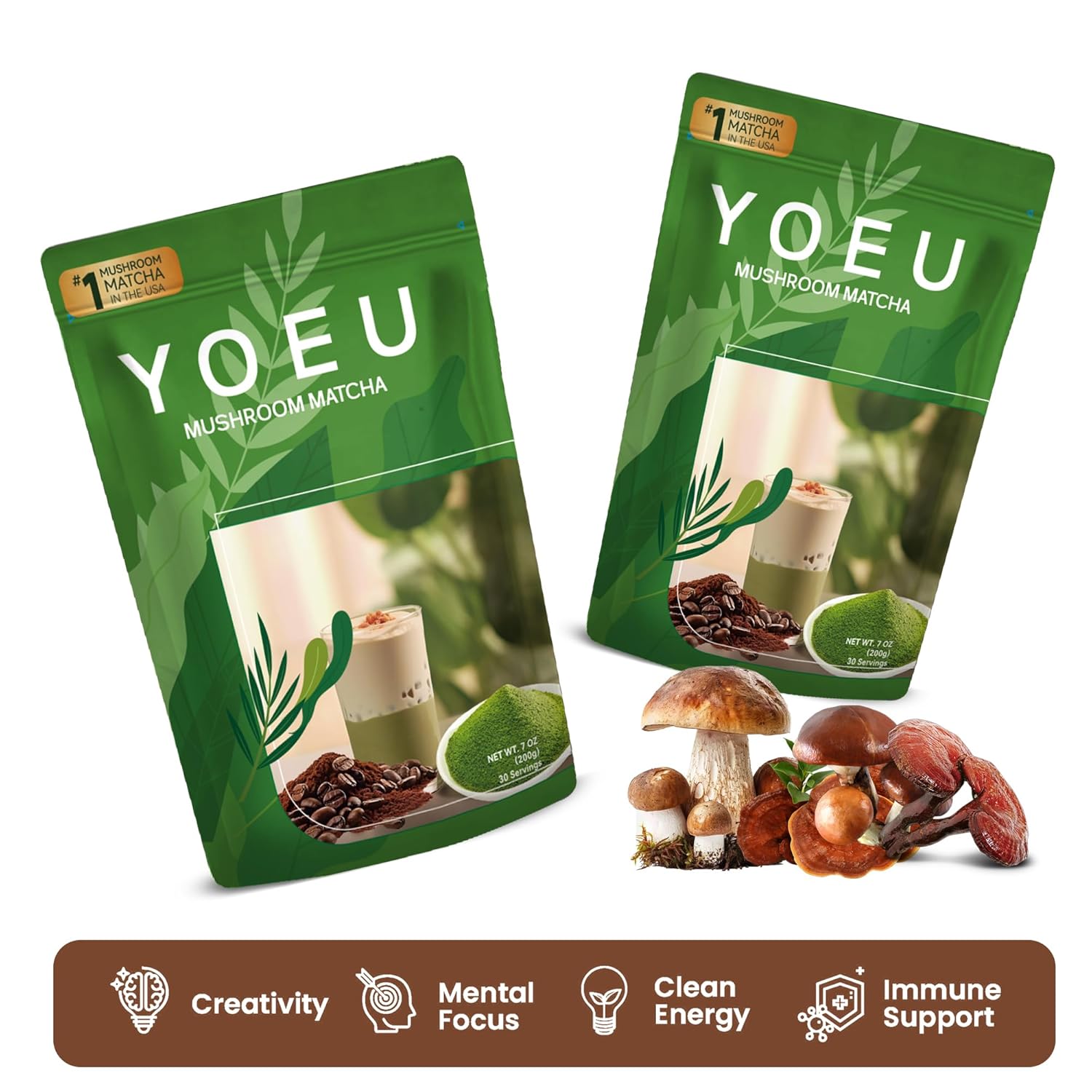 180g/3pack, Premium Culinary Grade，Organic Matcha Mushroom Powder, Japanese Matcha & 12 Natural Ingredients,Instant Coffee, Latte Powder, Coffee Alternative