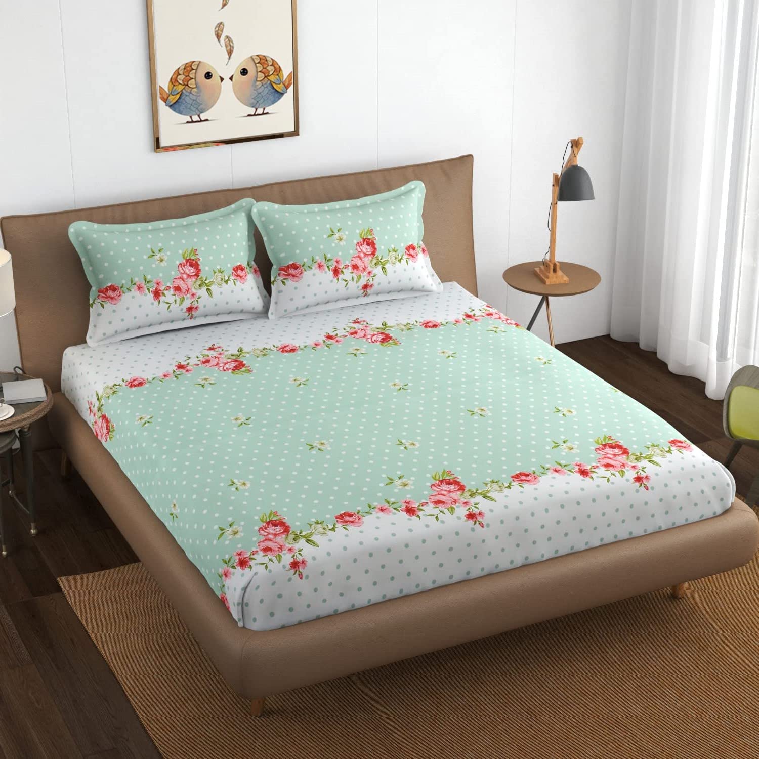 DECOMIZER XL Microfiber Soft Cotton Queen Printed Bedsheet for Double Bed, Queen Size 90 Inches X 100 Inches, 230 X 250 cm with 2 Large Size Pillow Covers Without Joint - Green Center