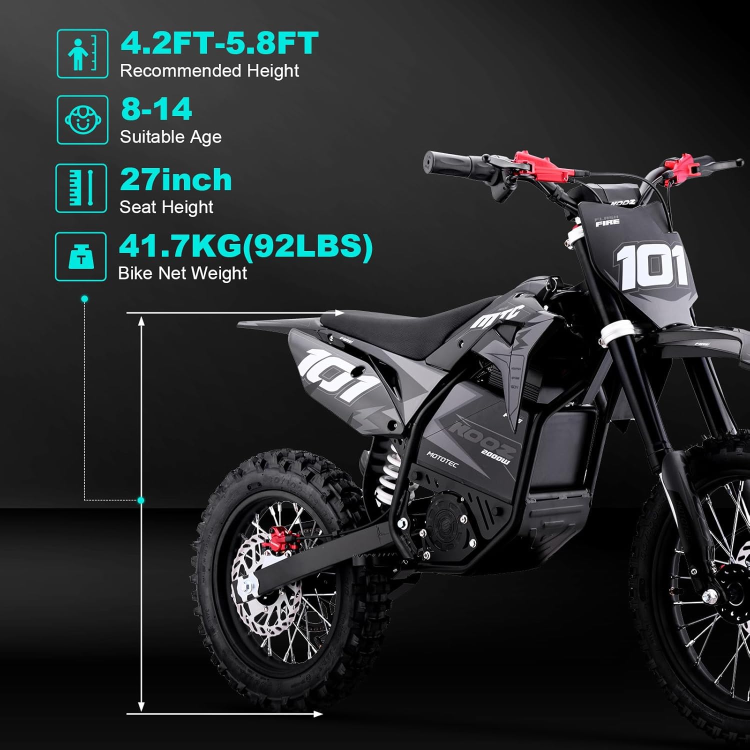 KOOZ HP115E Electric Dirt Bike Motorcycle for Kids and Teens, 40 MPH 60V 2000W (Max 3000W) Offroad Motorcycle with 14"/12" Tires, Hydraulic Brakes, Ideal for Offroad Riding (40 MPH Gray)