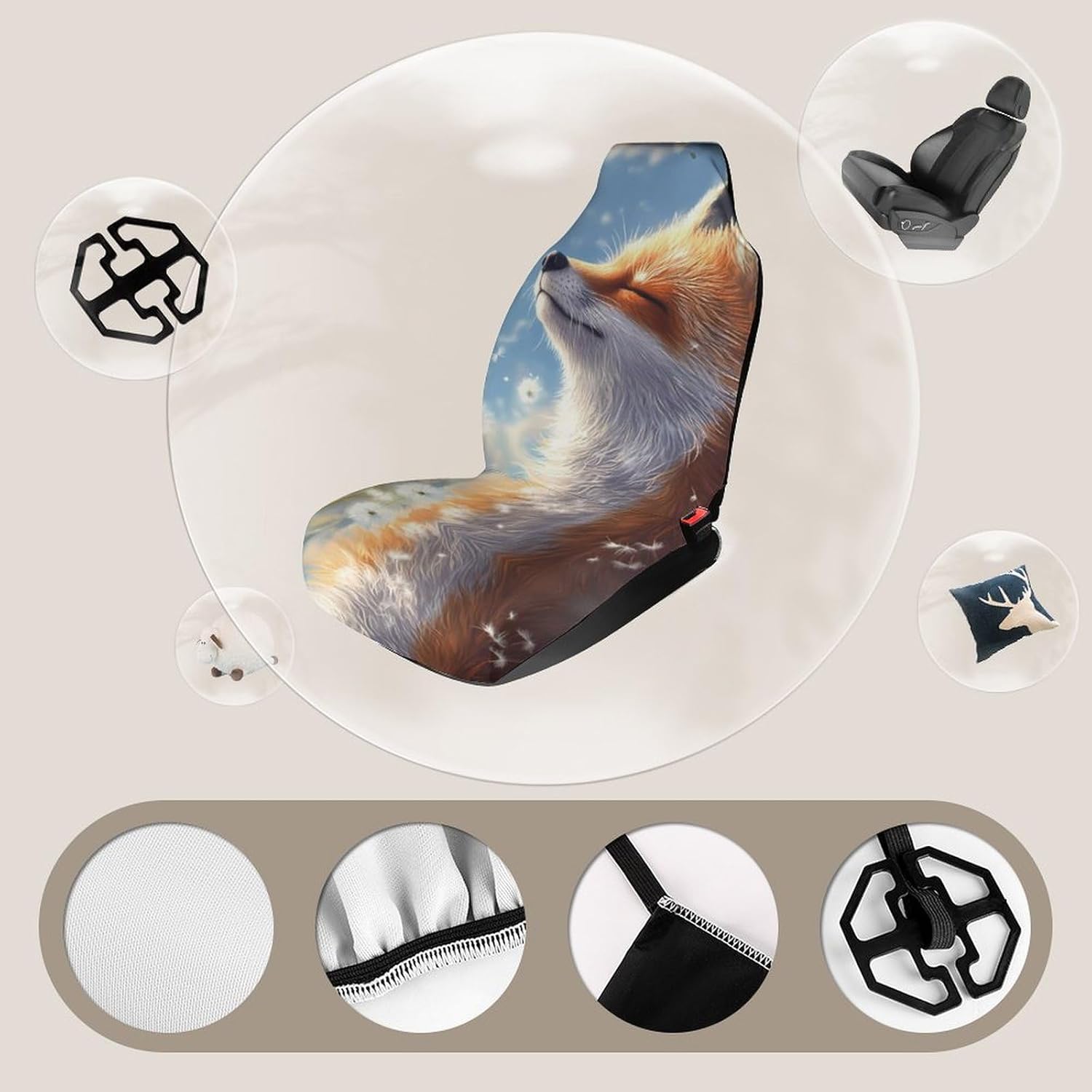 Dandelion Fox Car Seat Covers Universal Car Front Seats Protector Auto Interior Accessories 2PCS