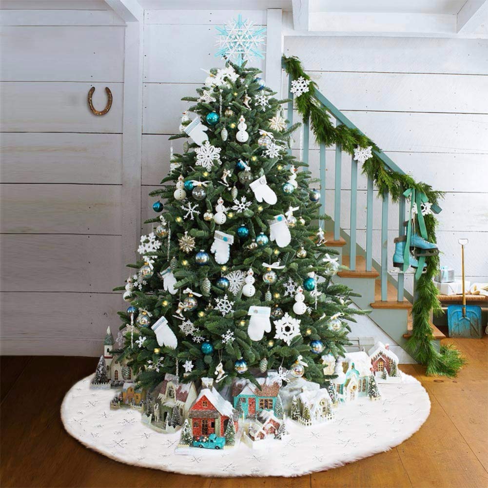 Dremisland Jupe de sapin de Noël en fausse fourrure avec flocons de neige Très douce et épaisse 122 cm 48inch/122cm Argenté