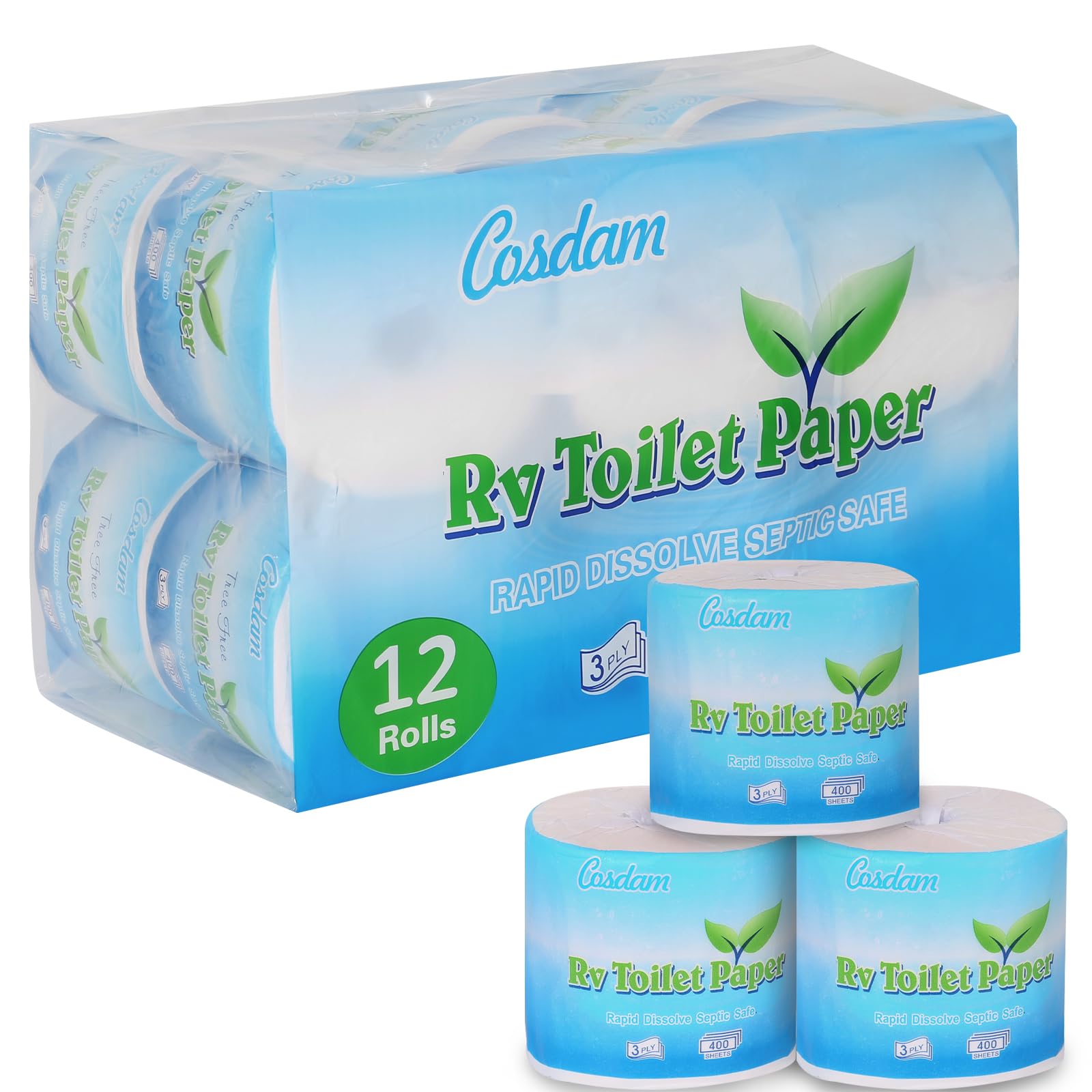 RV Toilet Paper, 12 Rolls,3-Ply 400 Sheets,Fast Dissolve Bath Tissue for Camping, Marine, RV Holding Tanks