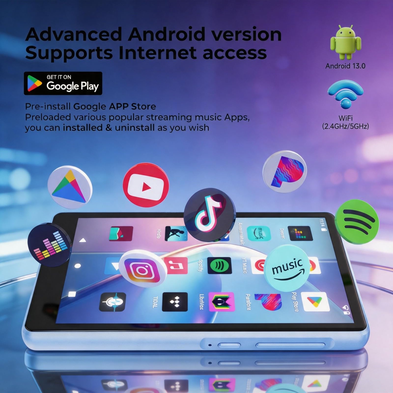 Android Lecteur MP3 avec Spotify avec Bluetooth et WiFi, 96Go Lecteur de Musique avec écran Tactile 4,5", Pandora, Amazon Music, Android 13 MP4 et MP3 Lecteur pour Enfants avec Libby, Spotify Kids