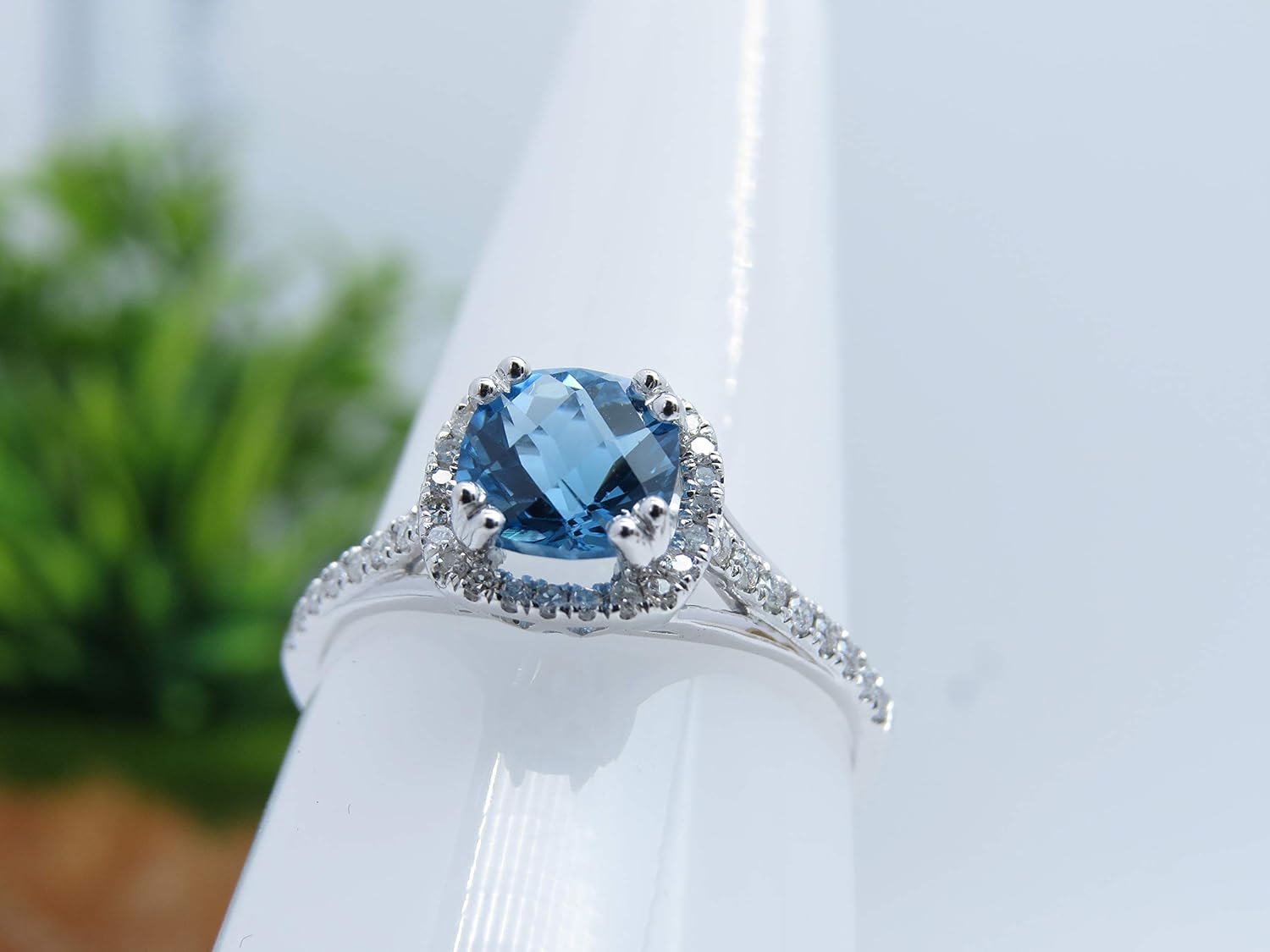 Dazzlingrock Collection 18K 7 MM Cushion Gemstone & Round White Diamond Ladies Halo Style Engagement Ring, White Gold