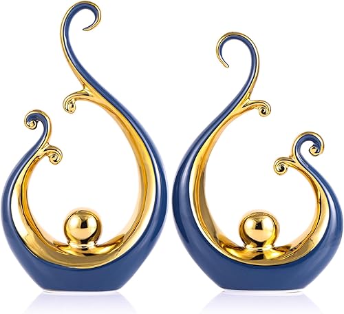 Acento de decoración del hogar azul y dorado, 2 piezas, arte abstracto moderno, estatua y esculturas de decoración de cerámica, para decoración de