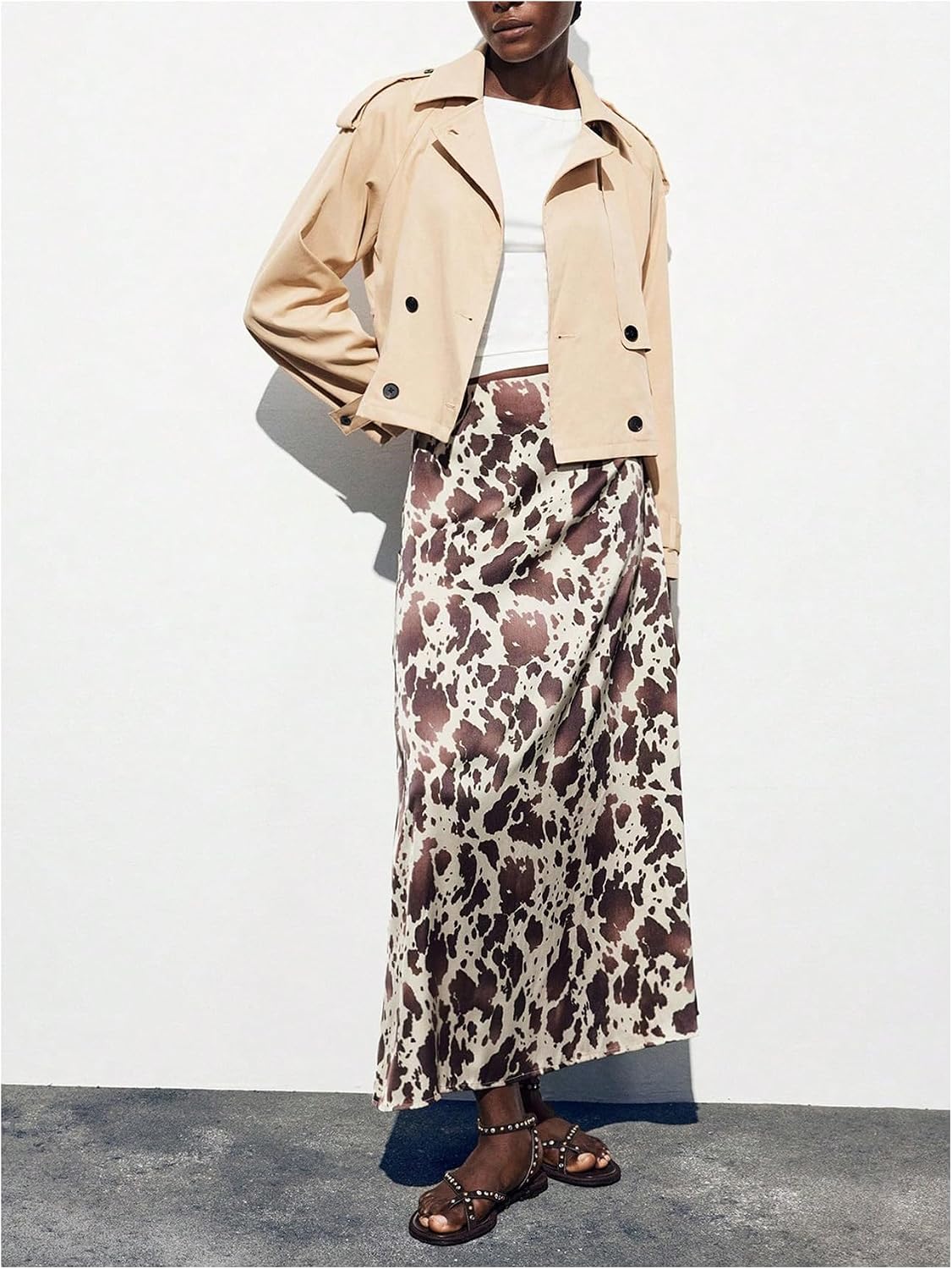 MakeMeChic Women's Cow Print Satin Maxi Skirt A Line Flared Long Skirts
