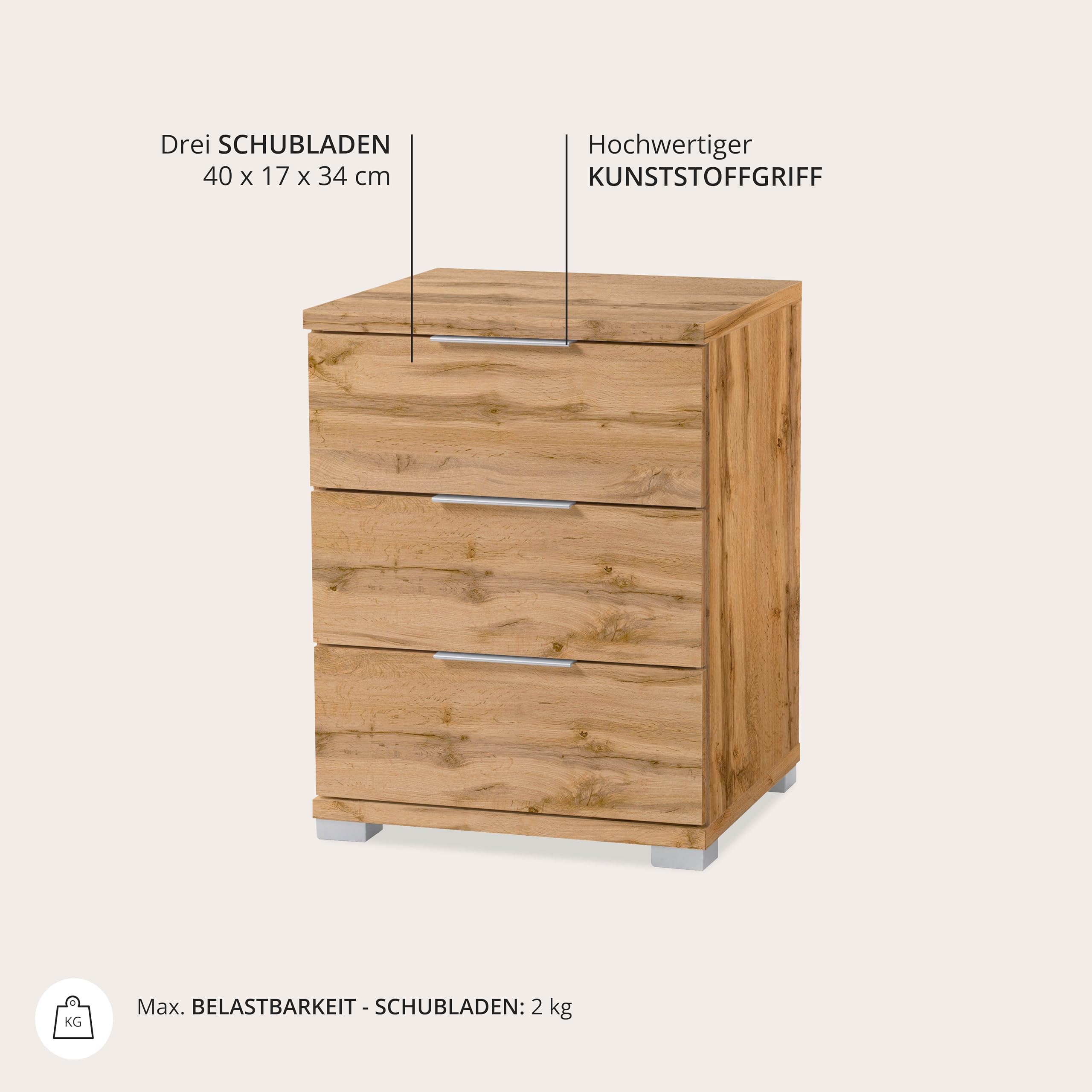 Stella Trading Universal Nachttisch in Wildeiche Optik - Moderner Nachtschrank mit drei Schubladen für Ihr Boxspringbett - 46 x 61 x 42 cm (B/H/T)