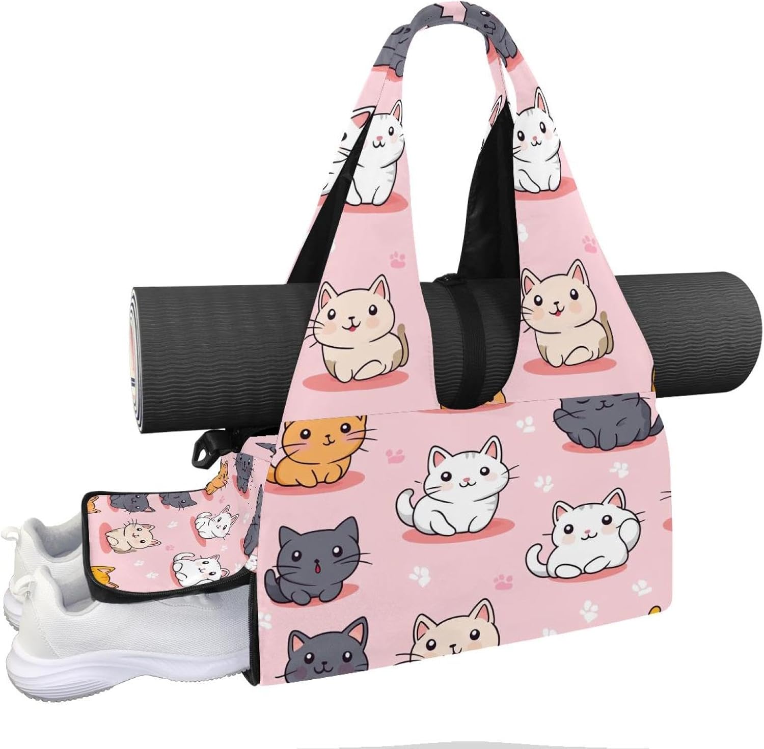 Yoga Mat Bag, Gym Workout Bag with Shoe Compartment, Cat Pilates Bag for Women, Quick Access Storage Yoga Tote Bag for Sports Travel Office