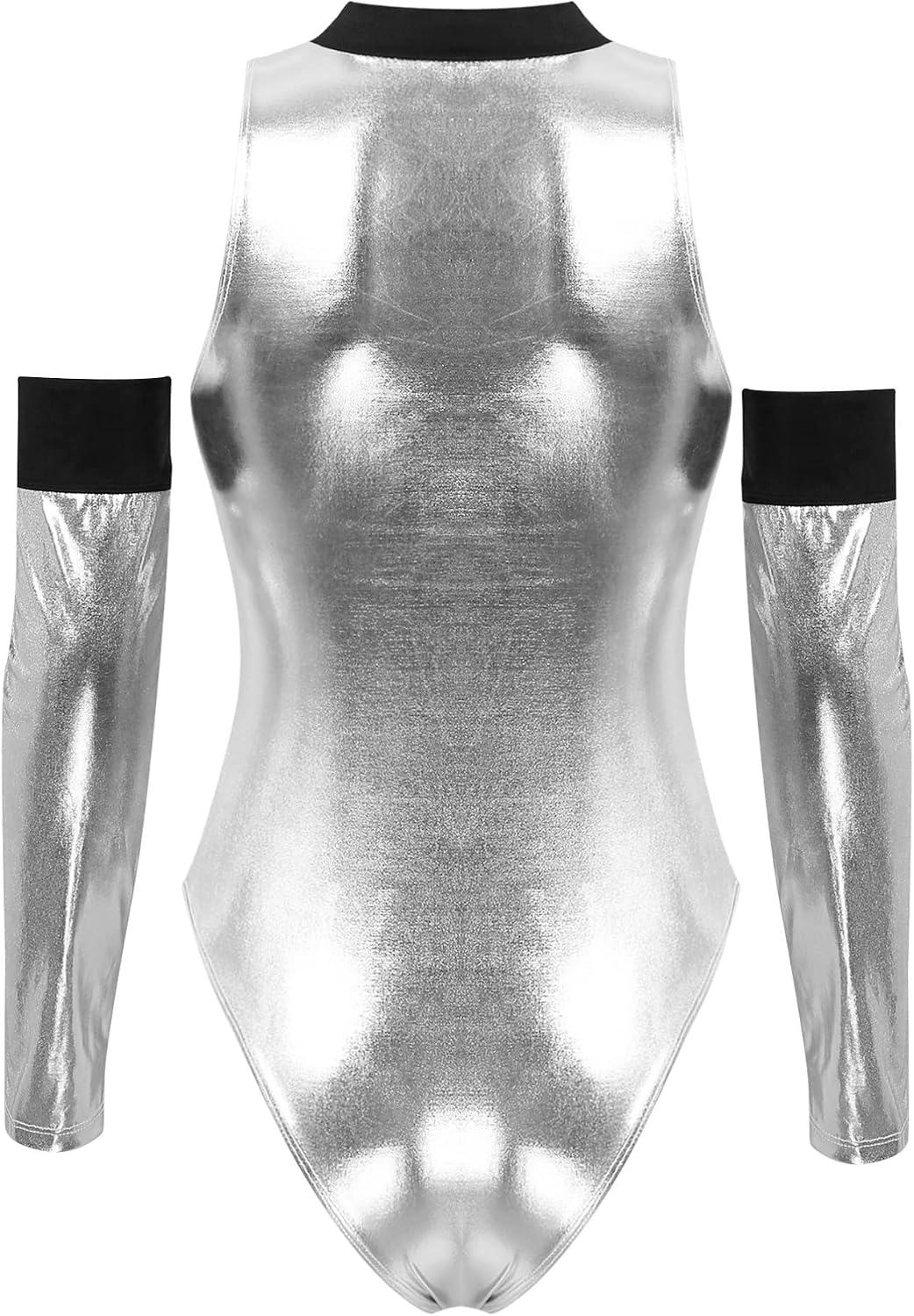 TiaoBug Women's Shiny Metallic Halloween Space Alien Cosplay Costume Jumpsuit with Oversleeve Outfit