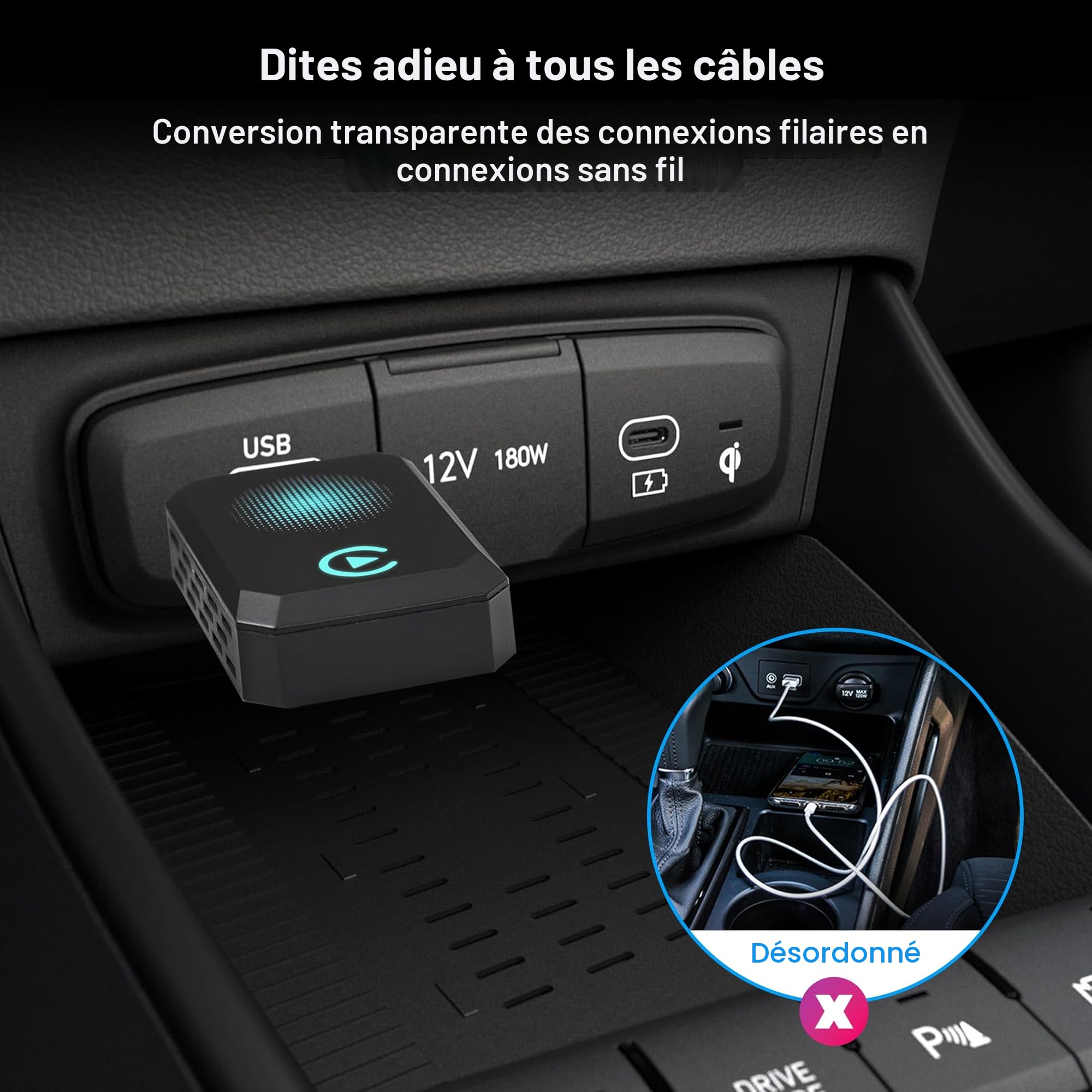 Letitwell Wireless Carplay Adapter La Nouvelle Version est Rapide et Stable, Plug-and-Play Type-c/USB, Mini Carplay Adapter Filaire à sans Fil, adapté à l'iPhone iOS 10+ et aux Voitures avec carplay
