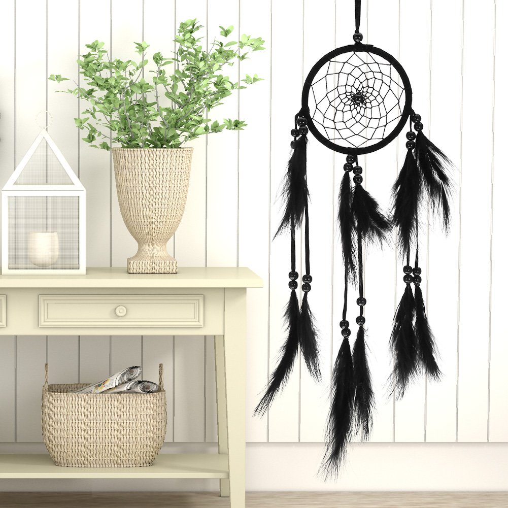 Attrape-Rêves Fait Main Noir avec Perles et Toile, Décoration Murale et Voiture