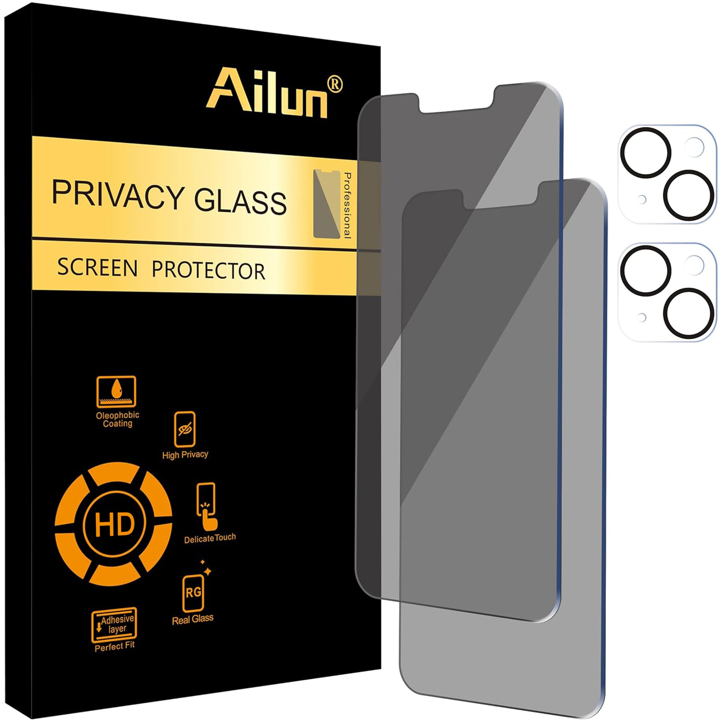 Ailun Privacy Screen Protector + Camera Lens Protector for iPhone 14 | 2+2 Pack, 6.1 inch, Anti Spy Private Tempered Glass Film, Case Friendly, HD