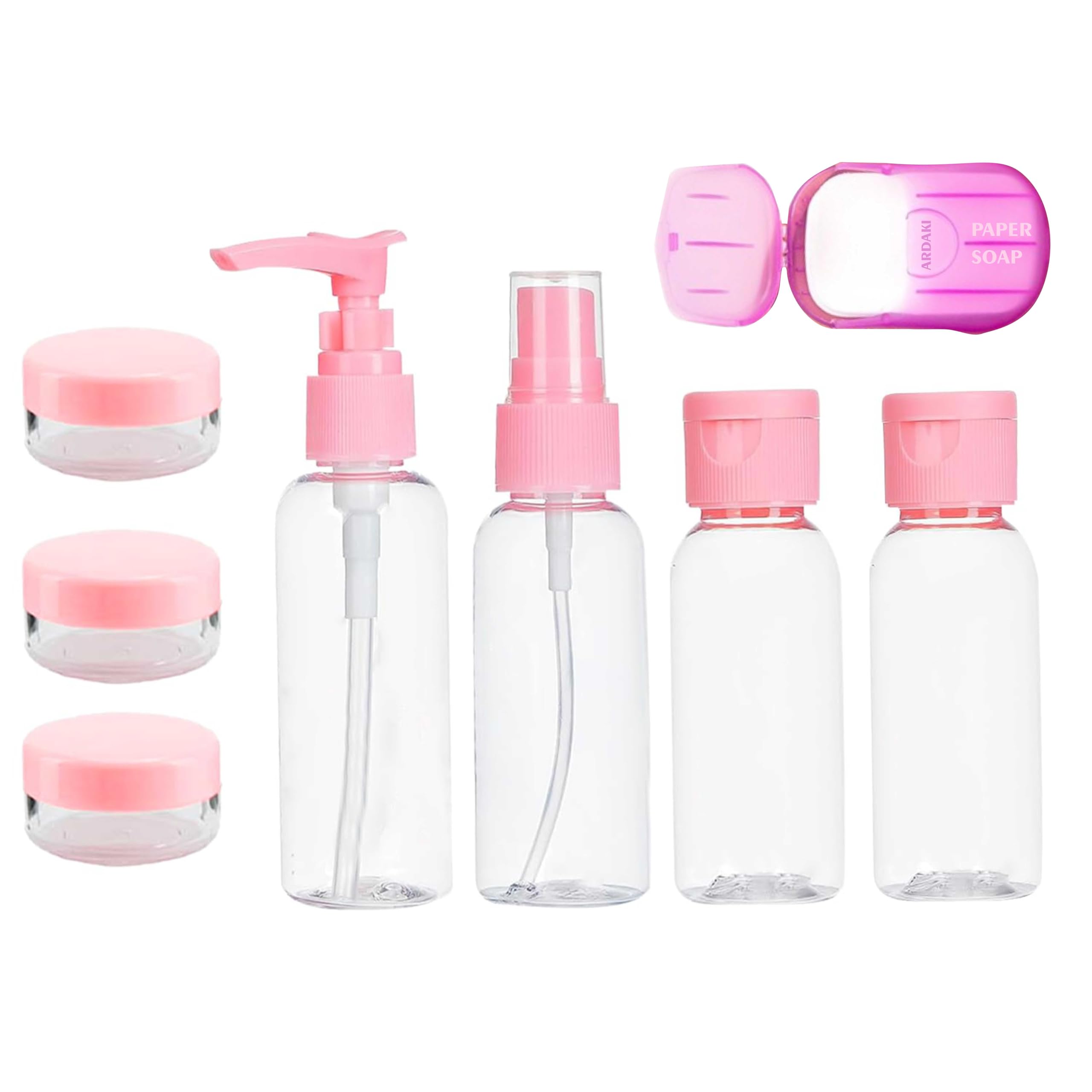ARDAKI Travel Bottles for Toiletries Refillable Empty Mini Small Container Travelling Kit Set for Shampoo, Cosmetics & Other Essentials Leakproof - with Pouch (8 Pcs)