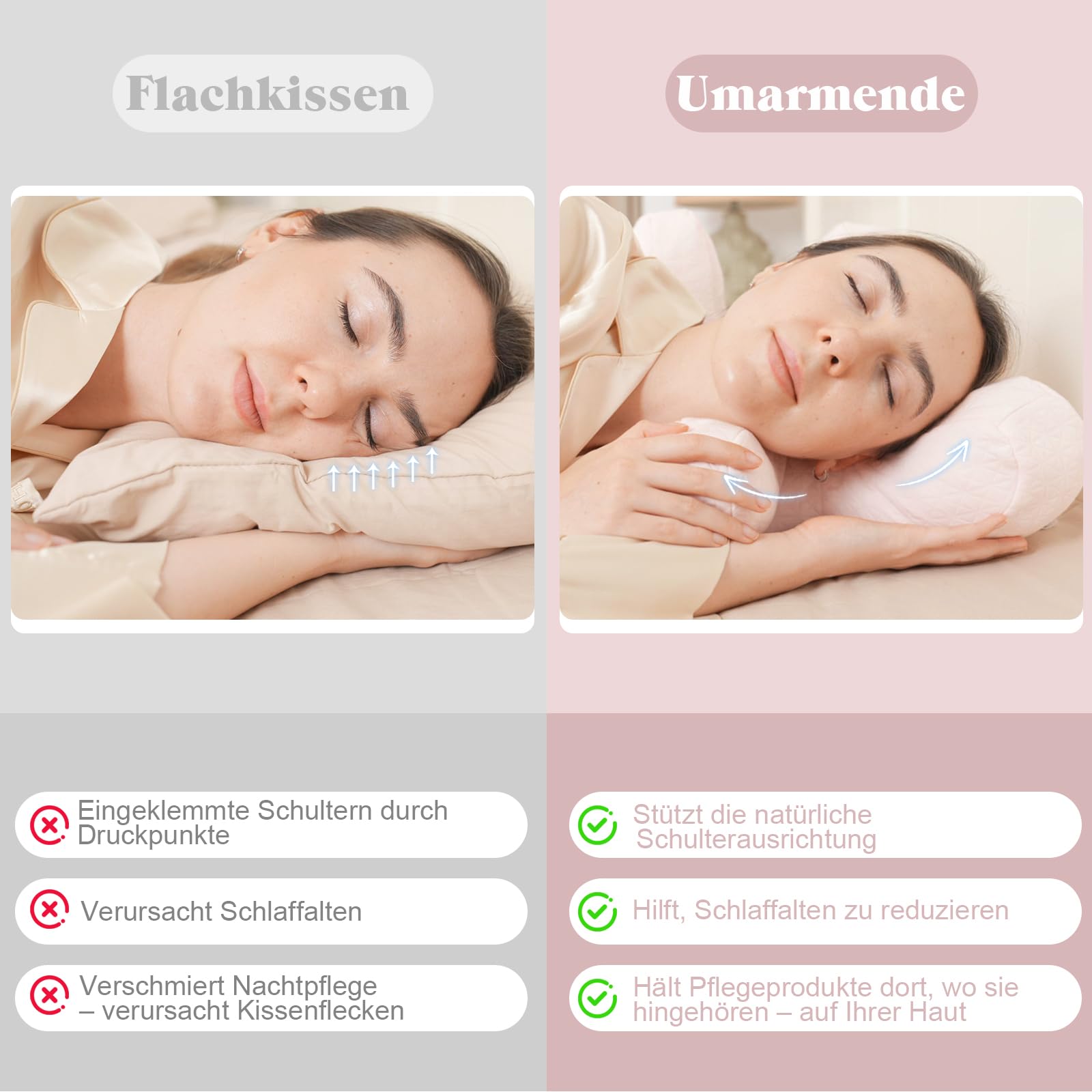 Anti-Falten Kissen, Seitenschläfer Schönheitskissen, Hautfreundliches Daunenkissen gegen für Schlafen, Anti-Wrinkle Pillow für Anti-Aging, Eye-Surgery, Gesichtsfalten, Nackenstütze（Rosa）
