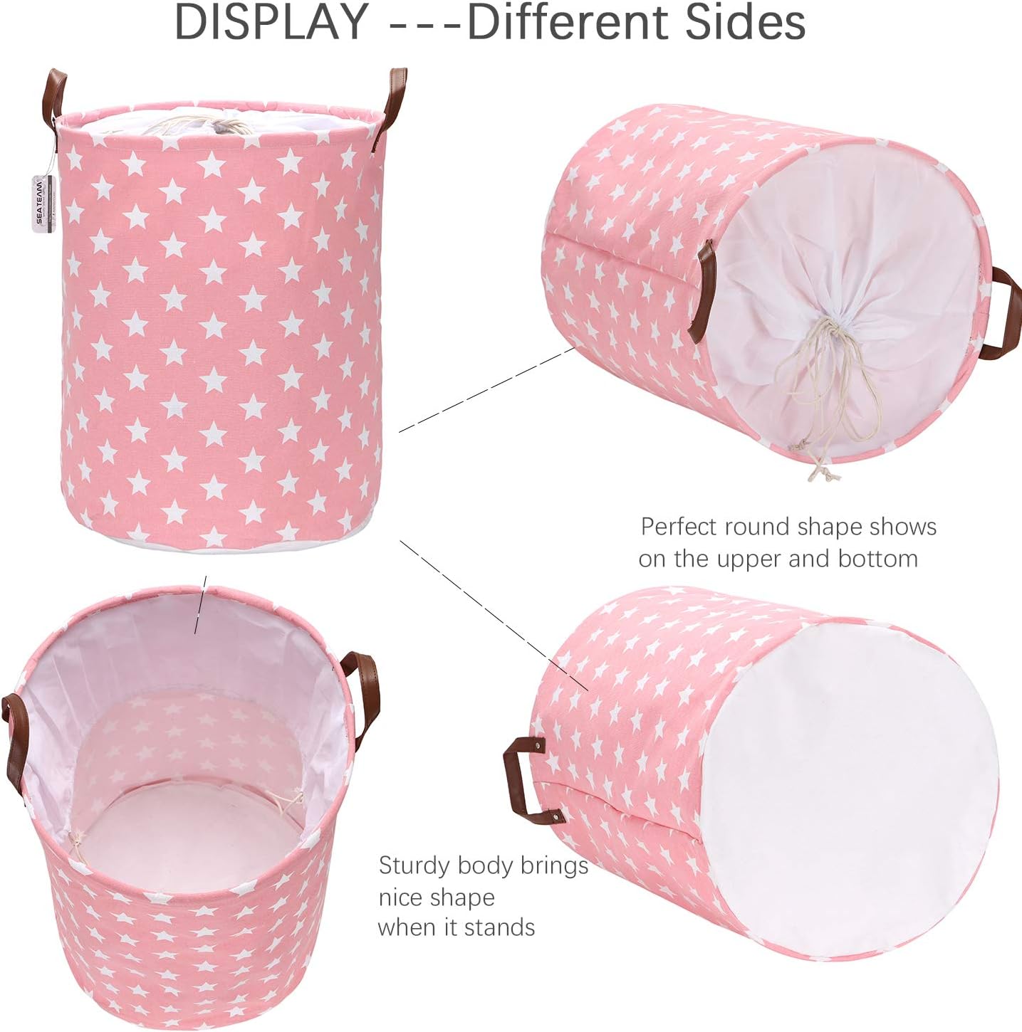 Sea Team Laundry Hamper Canvas Fabric Laundry Basket Collapsible Storage Bin with PU Leather Handles and Drawstring Closure (19.7"/Large, Star/Pink)