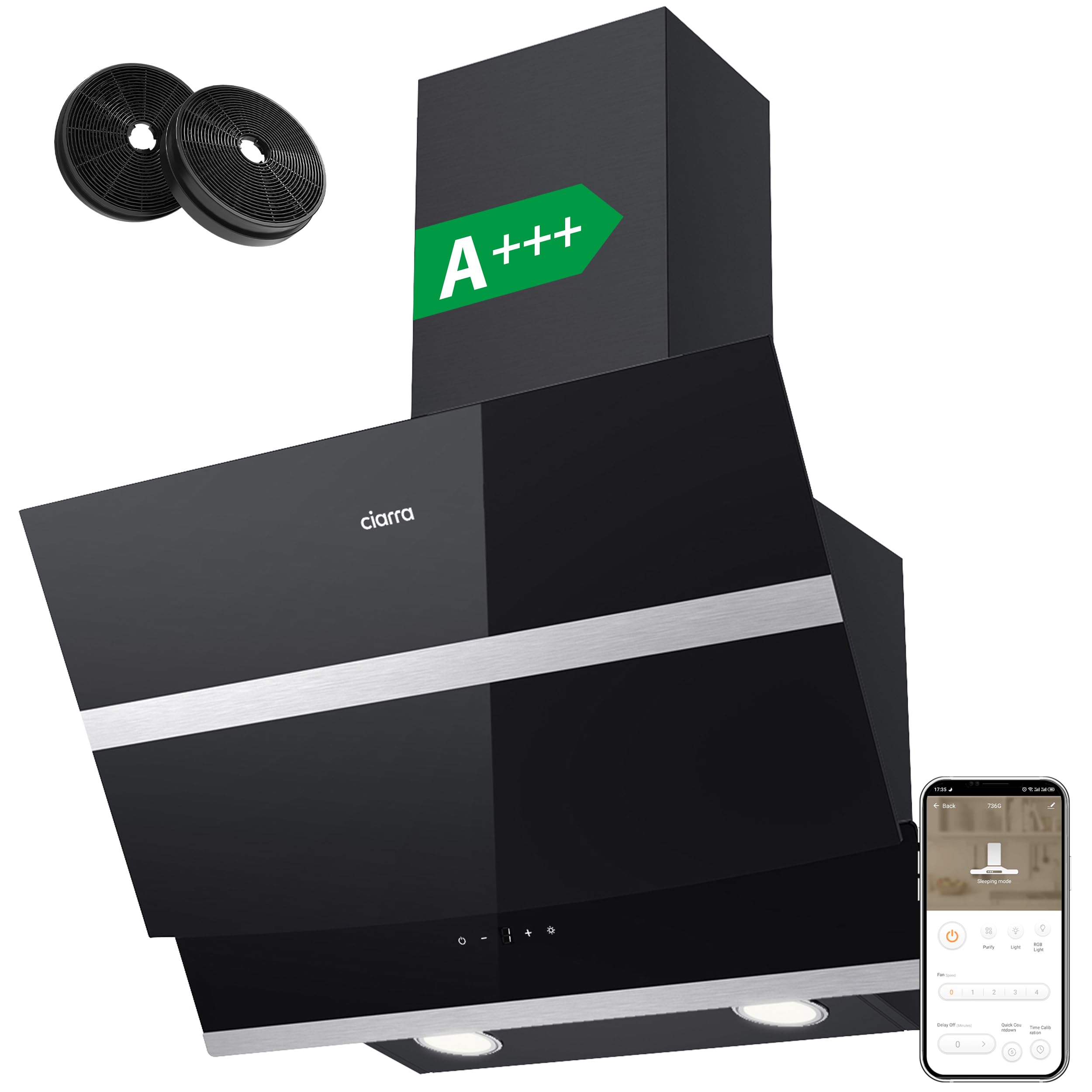 CIARRA ASB6736N Campana Extractora 60 cm 650 m³/h A+++ Touch Control Campana Extractora con Filtro de Carbón CBCF003 Recirculación 4 Niveles de Potencia Cmapana de Cristal Negro