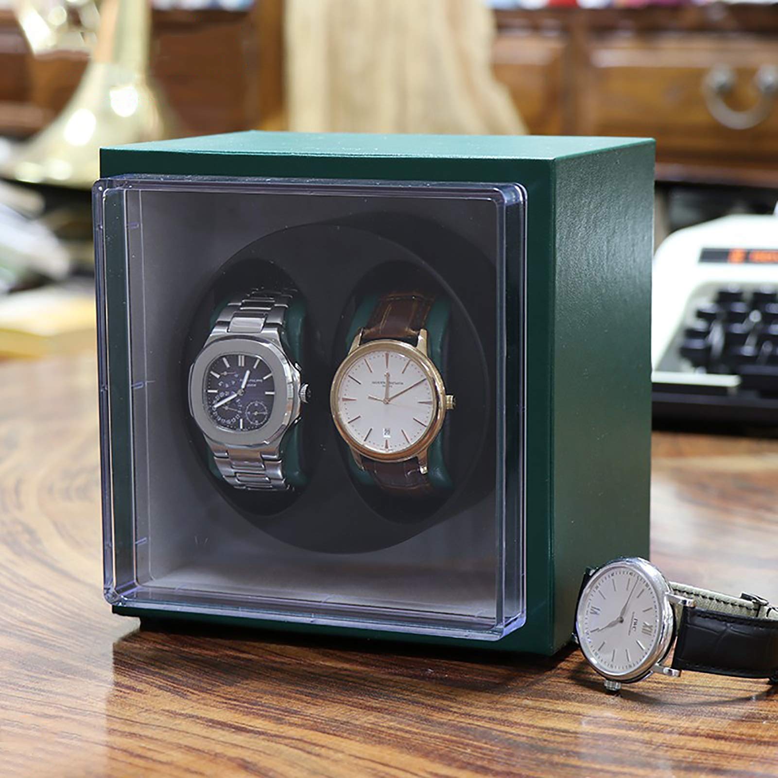 Vitrina de almacenamiento de reloj de cuero de PU de 2 posiciones Caja de cuerda de reloj mecánico automático de doble potencia Caja de cuerda de reloj portátil para el hogar (cuero de PU rojo) (cuer
