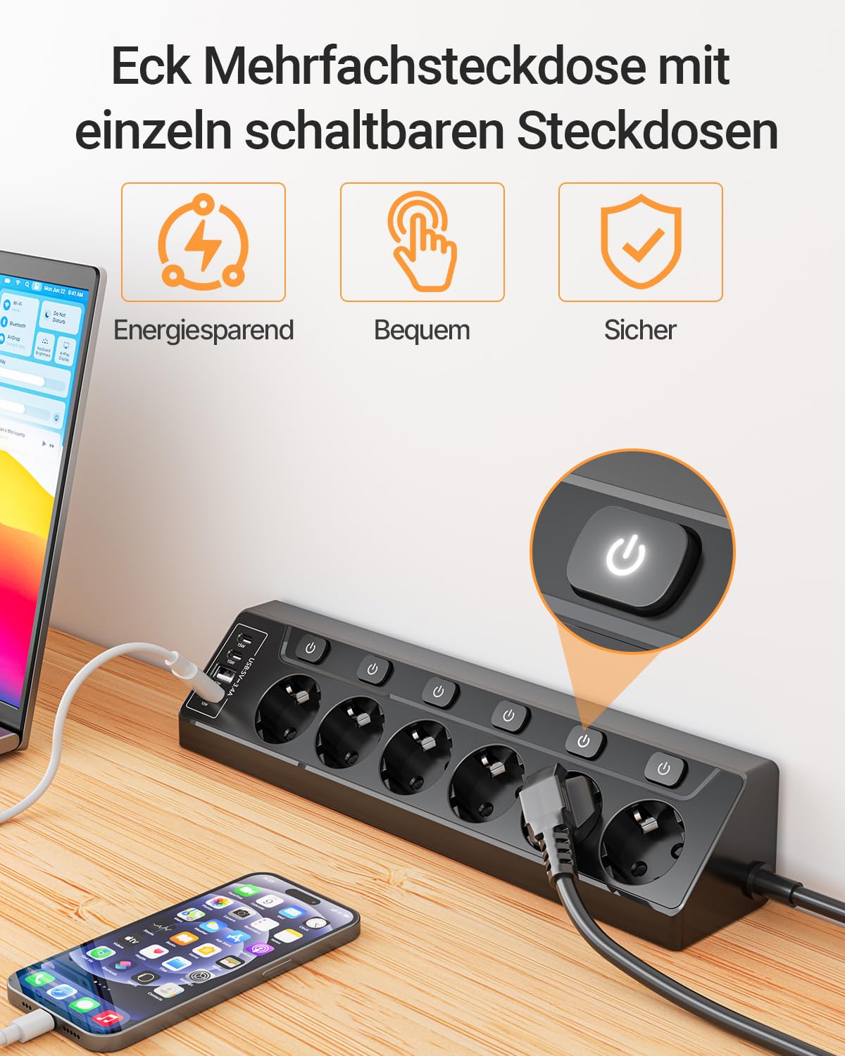 Ecksteckdosen-Steckdosenleiste, einzeln schaltbar, 6 Fach mit 4 USB (2X USB-C + 2X USB-A), Überspannungsschutz, Berührungsschutz, 2m Kabel, 3680W für Küche, Büro und Haushalt