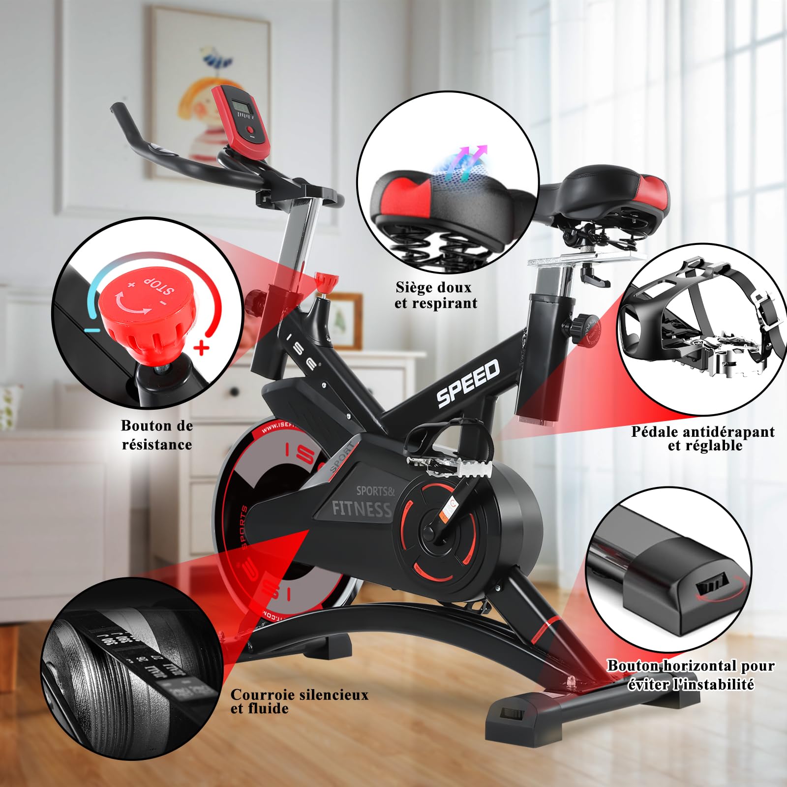 ISE Velo d appartement, Ergonomie Cardio-Training, Exercise Bike, Velo Appartement Fitness, Multifonction Ecran/Impulsion, Vélo d'Appartement Selle/Guidon Hauteur Réglable, Vélo Appartement à Domicile