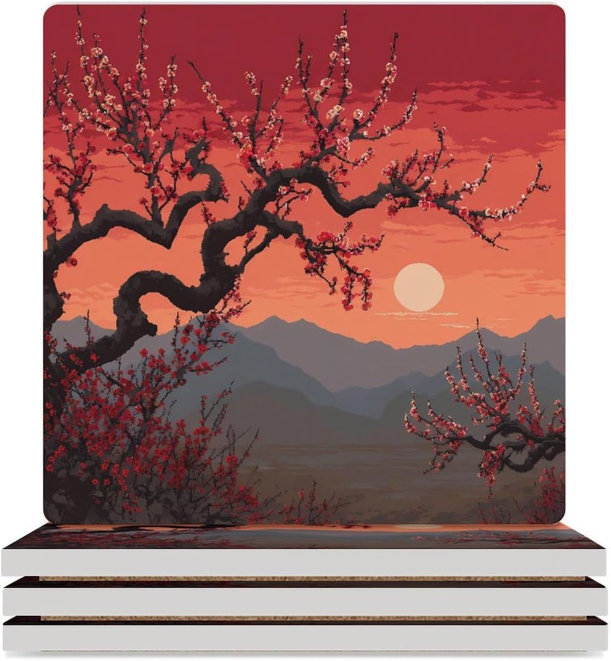 Plum Tree Floral Coaster for Drinks Square Ceramic Table Coasters Stone Mat Crafts 6PCS Home Kitchen Decor