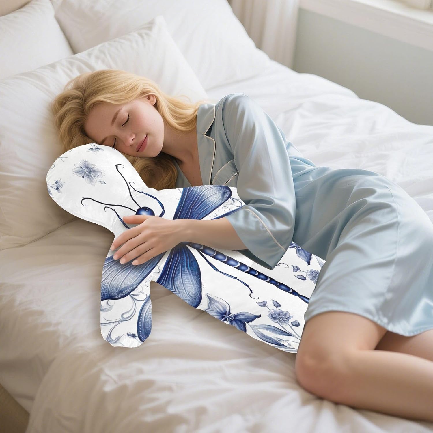 Indigo Dragonfly Human-Shaped Pillow Soft Body Pillows Washable Velvet Pillows for Anxiety Relief Sleeping Cuddling & Support