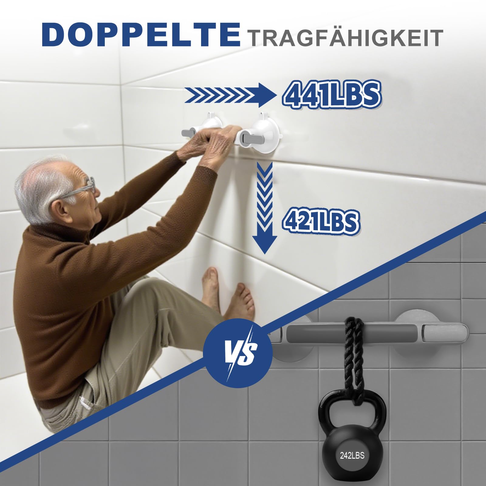 Haltegriffe für Senioren mit Saugnapf, Haltegriff Dusche & Badewanne Ohne Bohren MAX 200KG, Abnehmbare – Rutschfester Sauggriff mit Teppich für Bad WC Treppen & Behinderte Mobilitätseinschränkungen