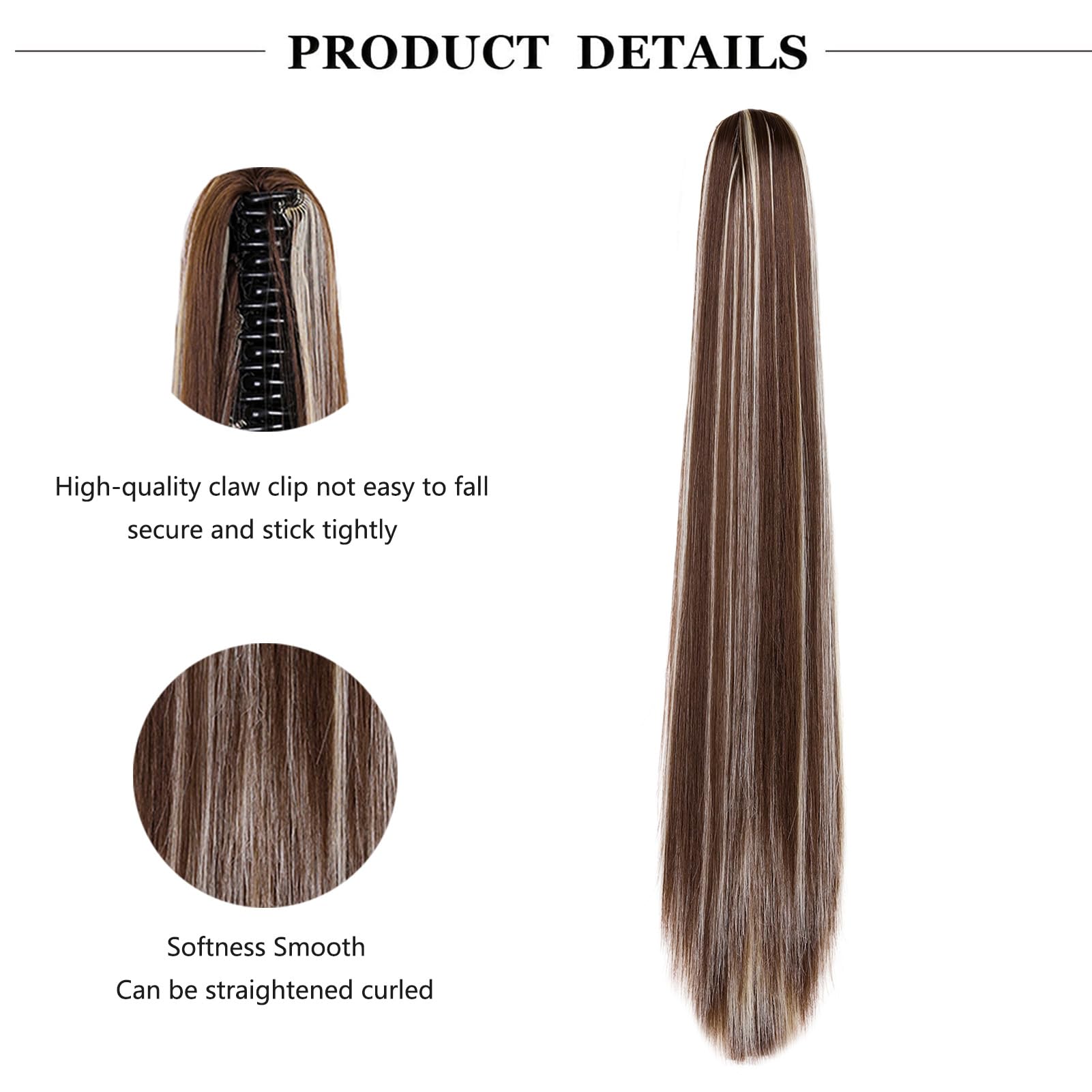 Cybelleza 22inch Ponytail Hair Extensions Ponytail Claw Jaw on Long Straight Pony Tails Clip in Hair Extensions Synthetic Hair pieces for Women (Chestnut Brown & Bleach Blonde) - Image 2