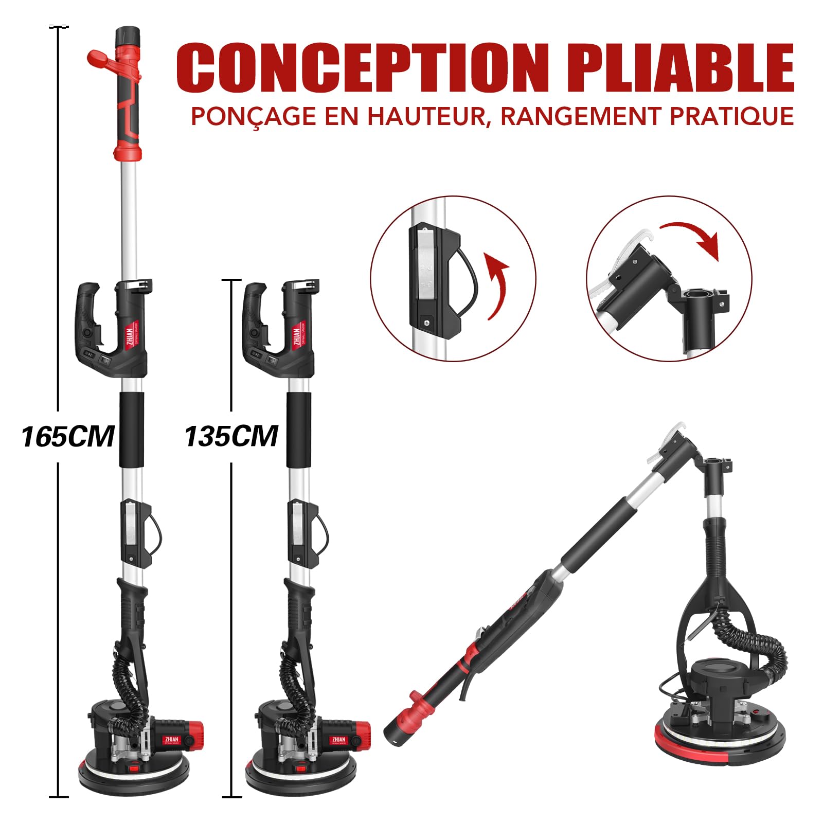 Ponceuse Girafe (880W) avec Aspiration de Poussière,1000-2100 RPM 5 Vitesses,Polissage en Angles Morts, Manche Télescopique,LED,Outil de Retrait de Plafond Popcorn【Compatible Aspirateurs】