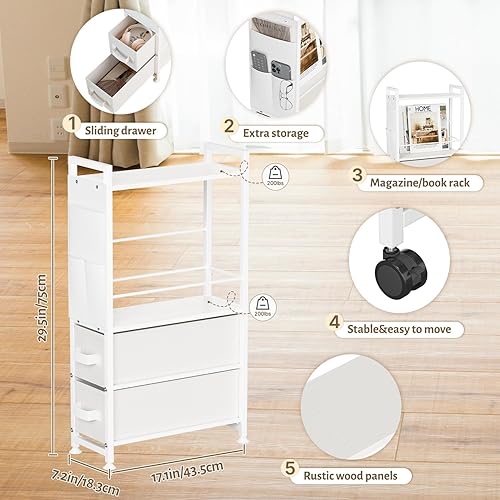 Miniatura 3 de Mesas laterales pequeñas y estrechas para espacios pequeños, mesita de noche delgada con cajones y ruedas, soporte de escritorio delgado con bolsa