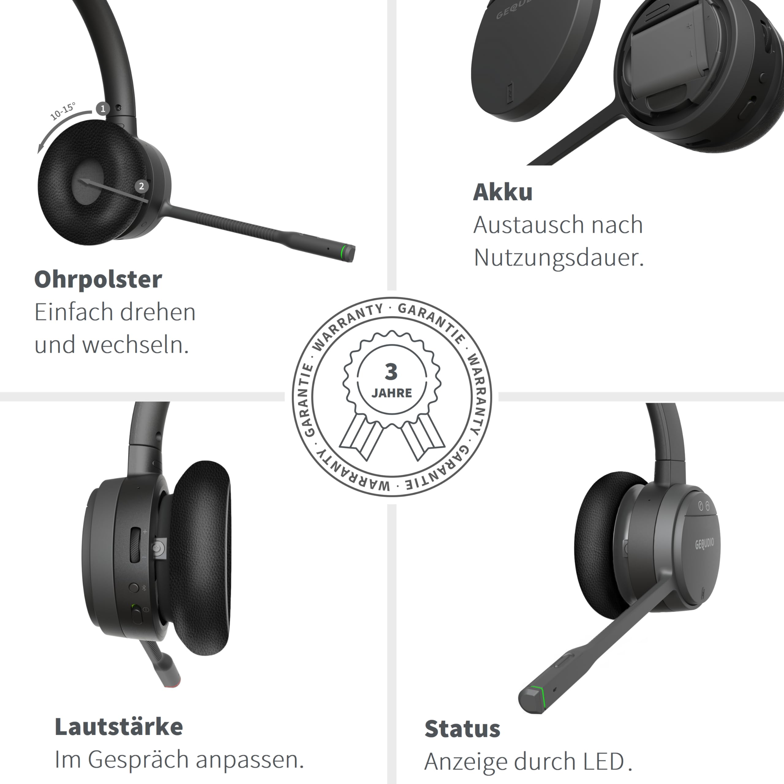 GEQUDIO GC-1 DECT & Bluetooth Headset für AVM FritzBox - Kabellose Anrufsteuerung am FritzFon - Mono Kopfhörer für PC & Smartphone - HD Audio, Schwarz/Grau