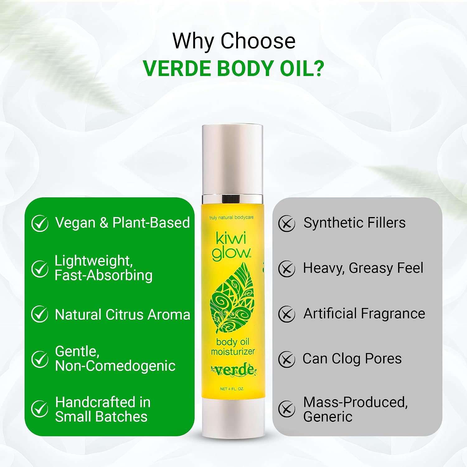 Kiwi Glow Verde Vegan Body Oil – Fast-Absorbing Non-Greasy Body Moisturizer for Dry Dull Skin – Plant-Based Sesame Citrus Cardamom – Cruelty-Free USA Made – 4 oz