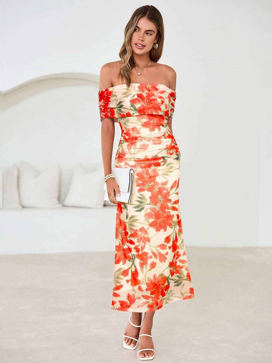 Simplee Womens Summer Floral Off Shoulder Maxi Dress 2026 Spring Ruched Bodycon Formal Wedding Guest Cocktail Dresses